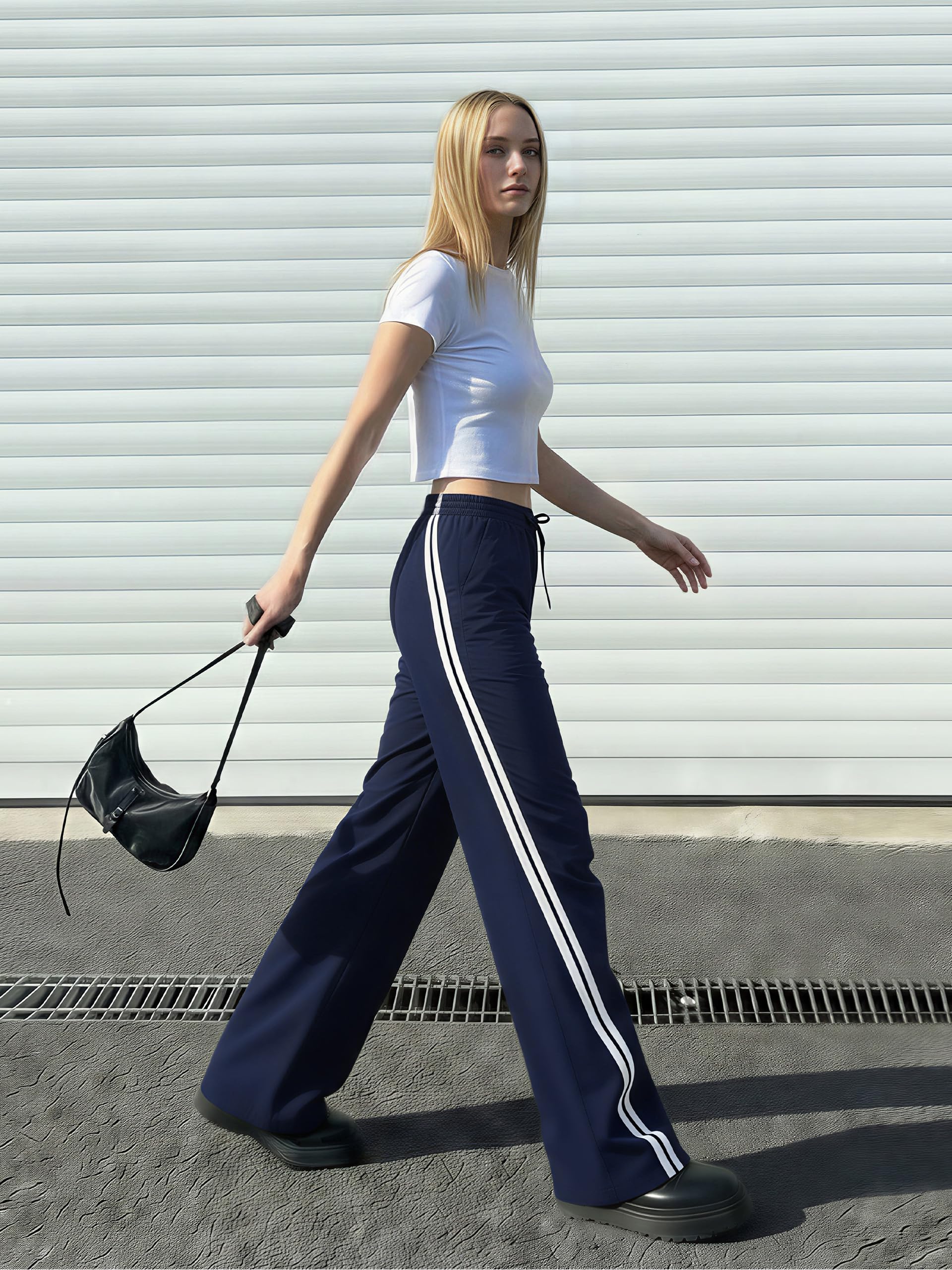 Women's 30/32/34/36 Tall Inseam Track Pants Wide Leg Parachute Pants Lightweight Casual Striped Pants Y2K — Navy Blue by Amazon