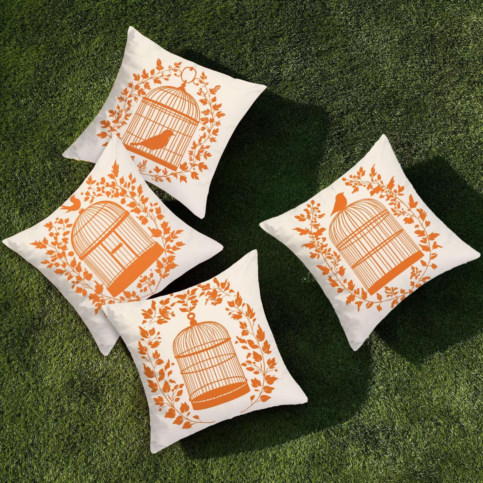 Juego de 4 Funda de Cojín Exterior Impermeable, 55x55 cm Fundas Cojínes Naranja de Lino, Exterior Impermeable Lino Cojín Pájaro Decorativo, Fundas de Almohada para Patio Balcón Jardín Sofá Silla U-37