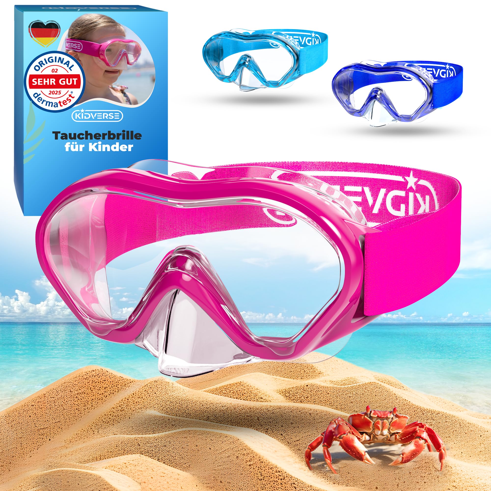 KIDVERSE Taucherbrille Kinder mit Nase - CE & Dermatest geprüfte Kinder Taucherbrille mit Stoffband oder Silikonband - Tauchmaske ab 5 Jahre für Mädchen & Jungen - Bequeme Kindertaucherbrille