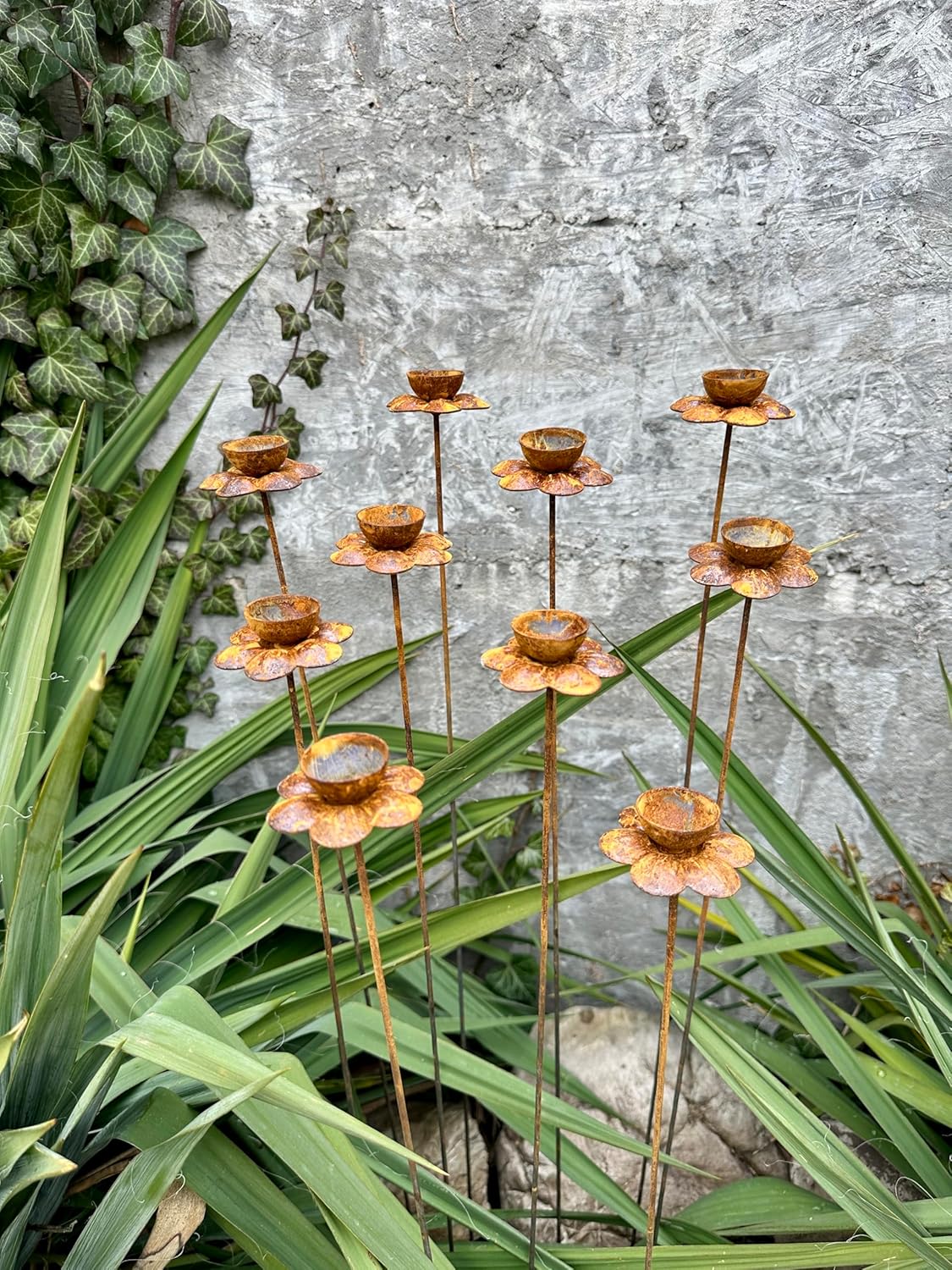Rusty Flowers Set of 10, Garden Stakes Garden Decor, Yard Art, Outdoor Metal Sculpture