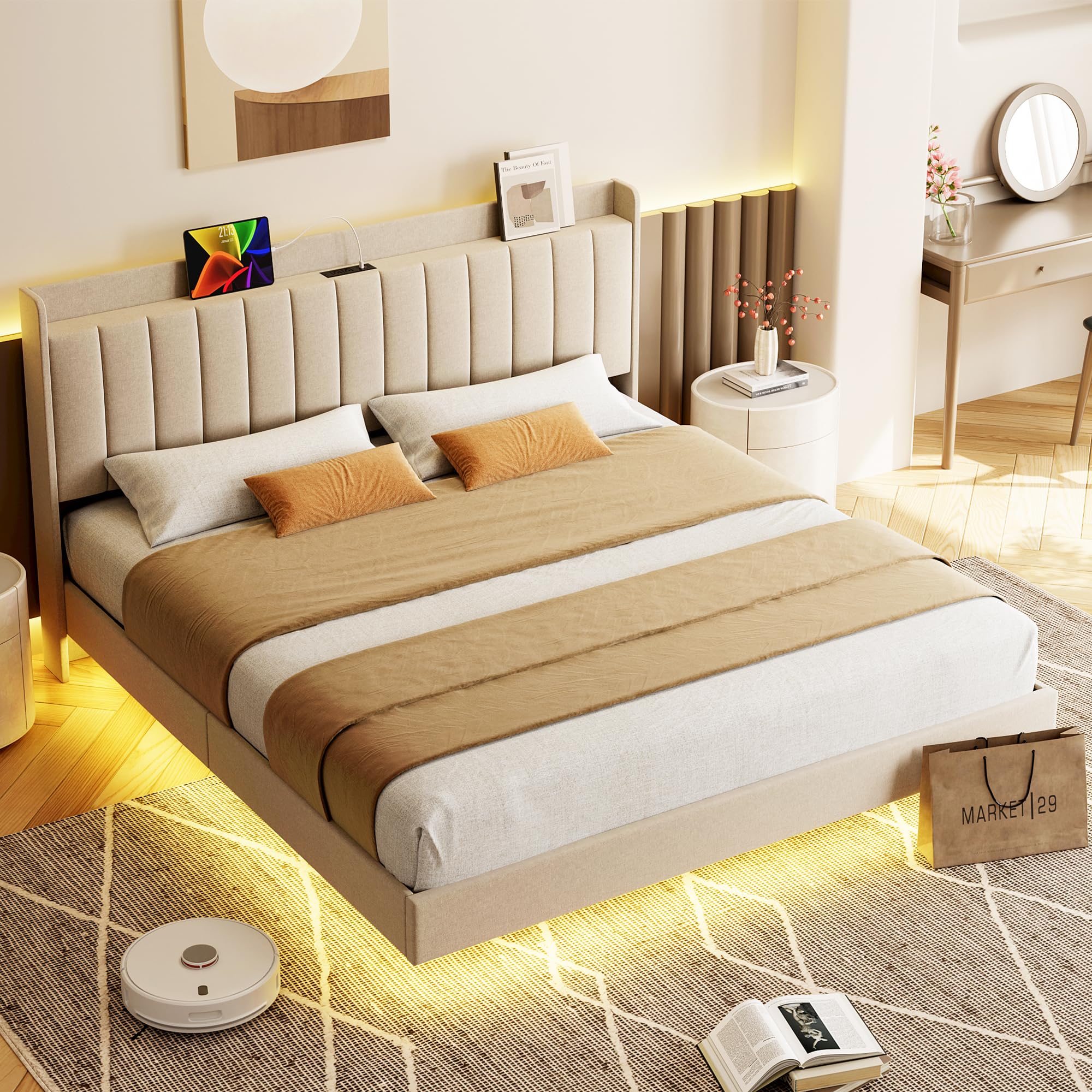 GarveeHome Full Floating Bed Frame with Charging Station & Storage Headboard, Upholstered Platform Full Size Bed Frame with LED Lights, Solid Wood Slats, Beige