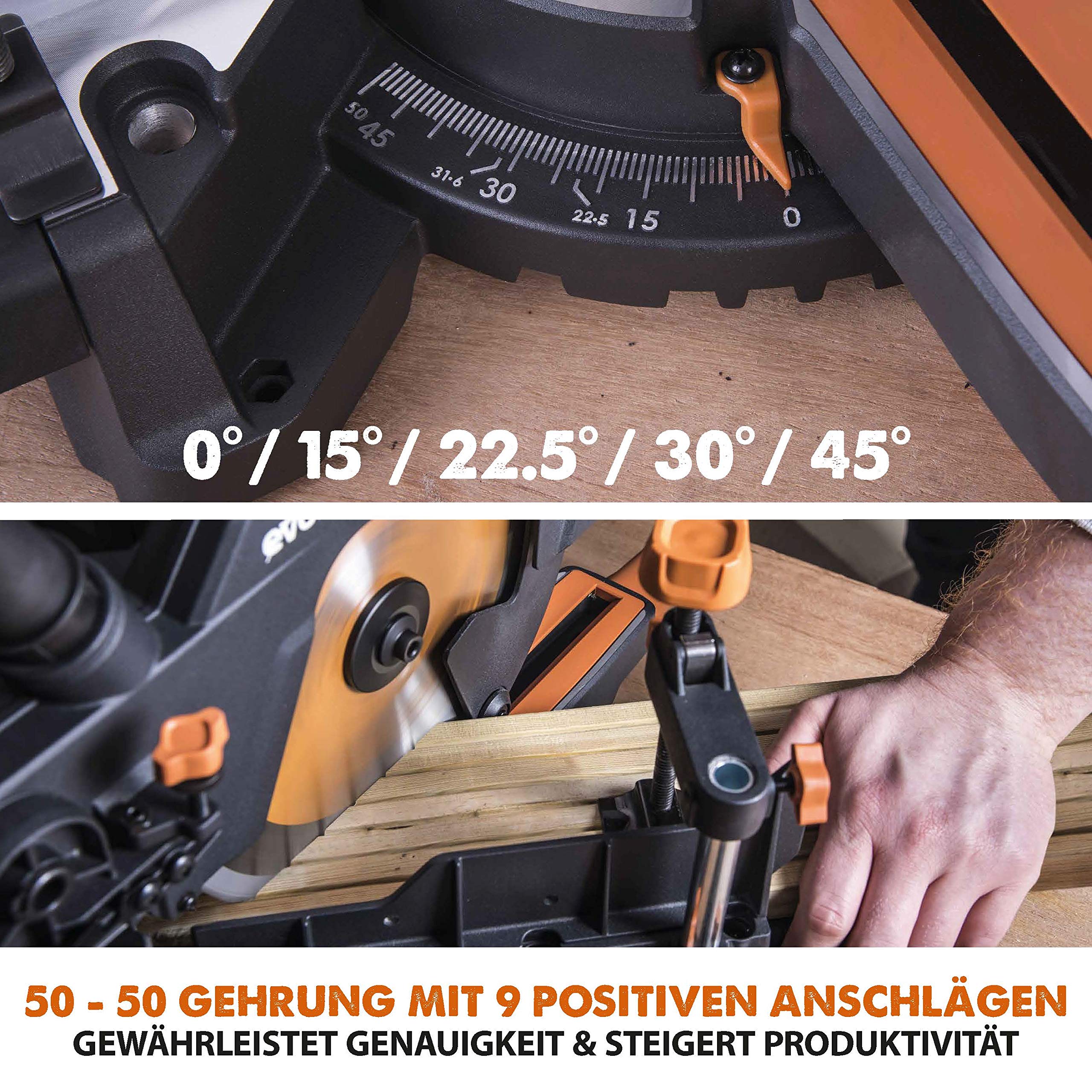 Evolution Schiebe-Kapp- und Gehrungssäge R210SMS-300+ | 1500 W, 300 mm Gleitfunktionalität, Schrägschnitt, Gehrungswinkeln | Ø 210 mm HM TCT Sägeblatt für Multimaterialschnitt | Zug-kapp-gehrungssäge