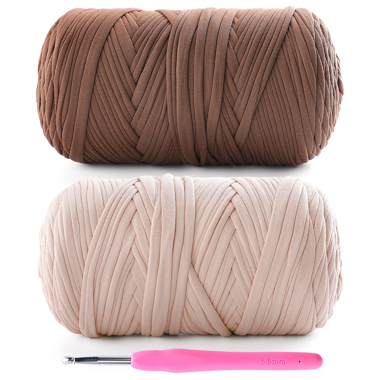 2 Pack Tshirt Yarn for Crochet - 800 G/260 Yds T Shirt Soft Elastic Fabric T-Shirt Yarn for Crocheting Bags Baskets Home Decor with 1 Crochet Hook (2, Beige+Coffee)