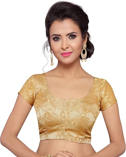 Studio Shringaar Women's Silk Short Sleeve Brocade Readymade Saree Blouse