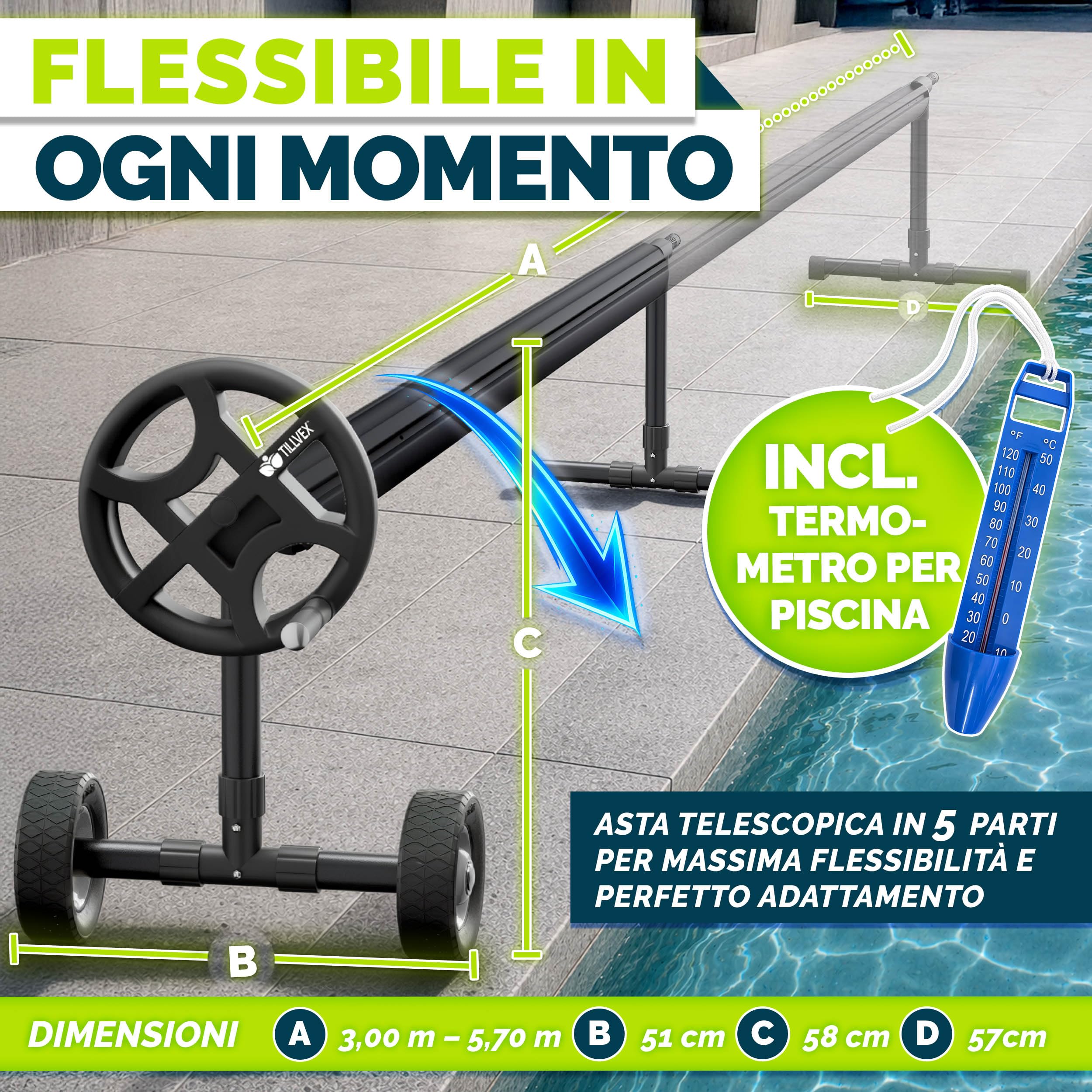 tillvex Rullo Avvolgitore per Telo da Piscina 3-5,70 m con termometro e nastri di fissaggio | Sistema di avvolgimento per Teli solari | Dispositivo di avvolgimento per Teli per Piscina e coperture