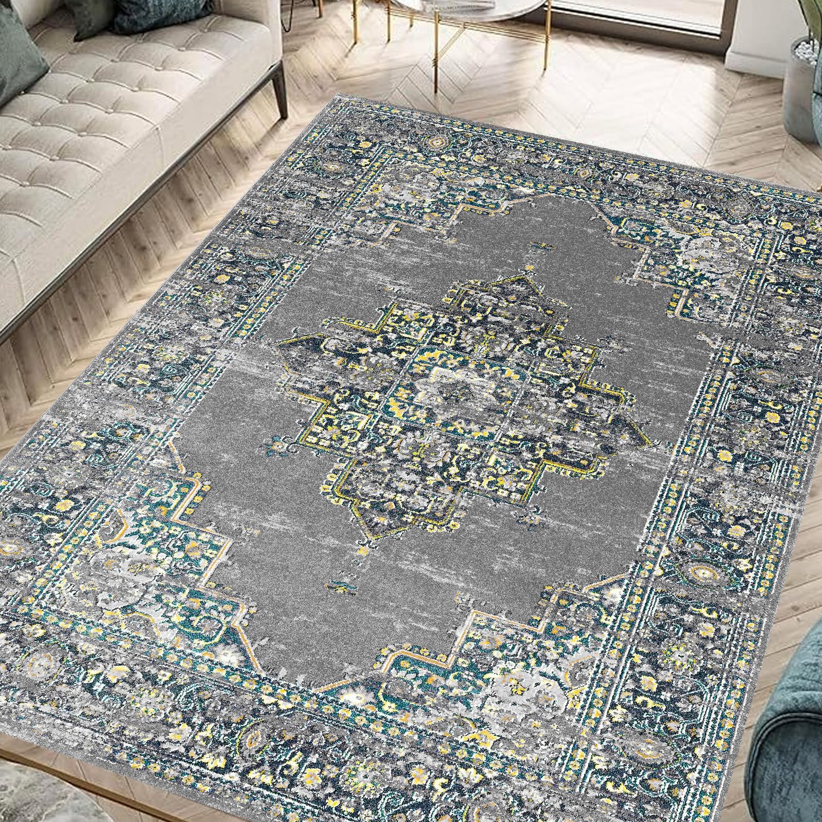 Tapis de salon vintage floral gris 110x180 cm pour déco de chambre