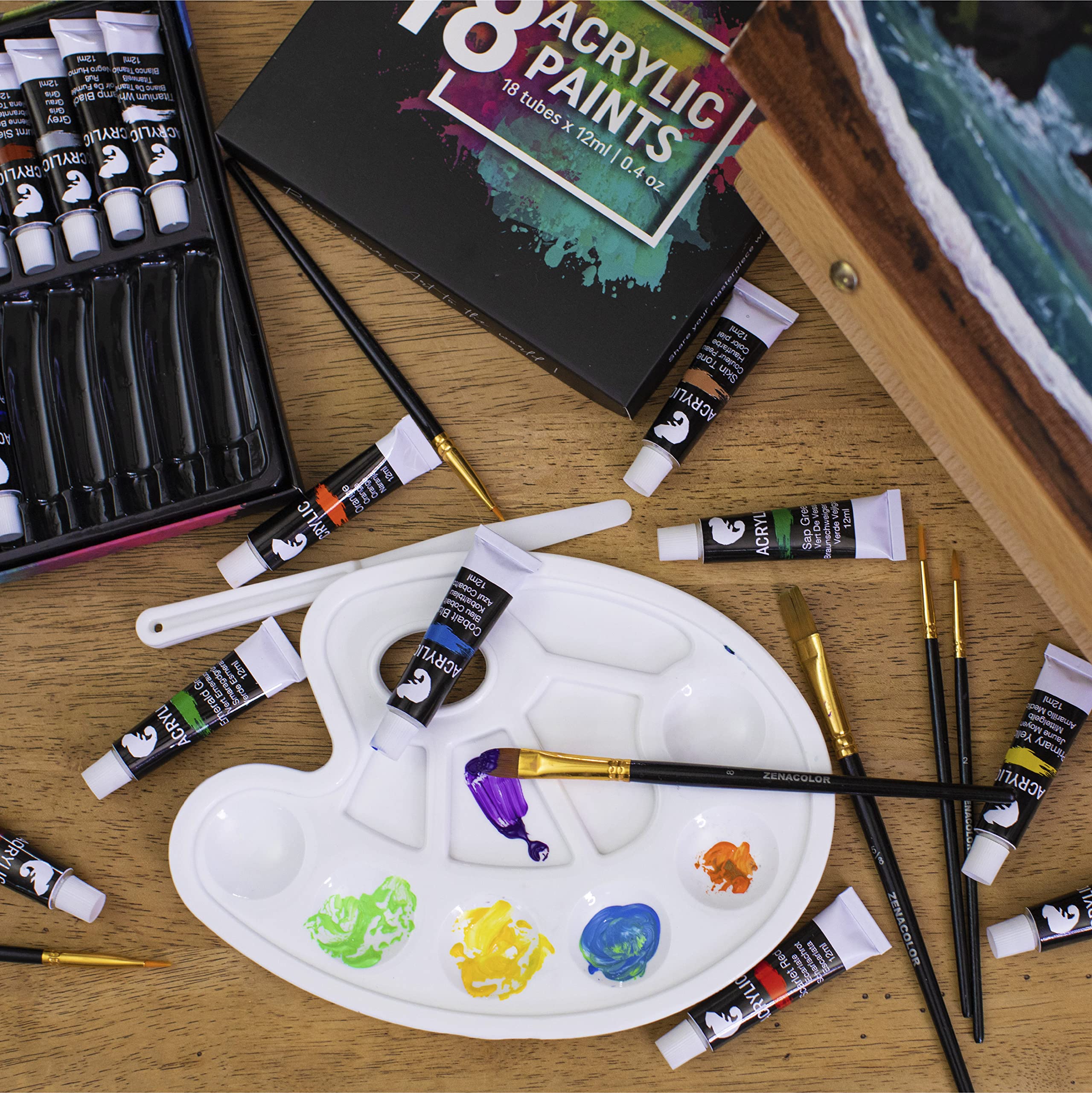 Acrylfarbe Set für Künstler 34-teilige - mit Malkoffer für Erwachsene aus Holz, Staffelei 24 Tuben Acrylfarben, 6 Malpinsel, Leinwand, Spachtelmesser und Mixpalette