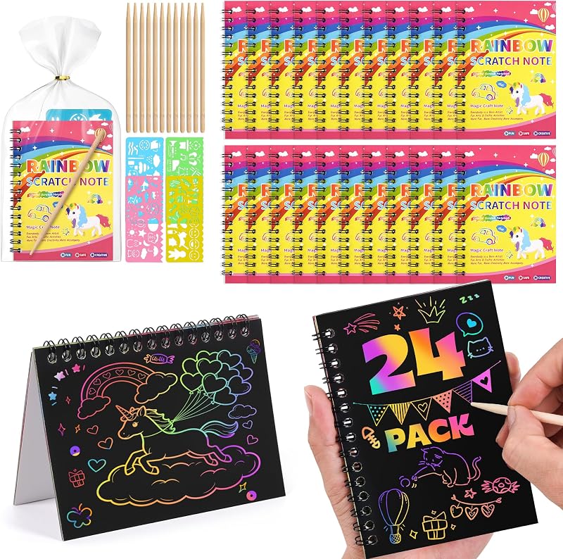 Party Favors for Kids, 24 Pack Rainbow Art Scratch Notebook, Goodie Bags Pinata Stuffers for Kids, Bulk Birthday Gift Classroom Prizes Girl Boy Toddler