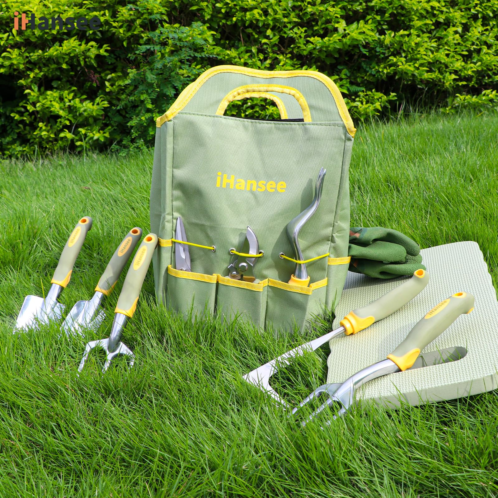 Set di 12 attrezzi da giardino, in alluminio resistente, con manico in gomma antiscivolo, grembiule da giardino, guanti, ginocchiera e borsa portaoggetti, attrezzi da giardino per
