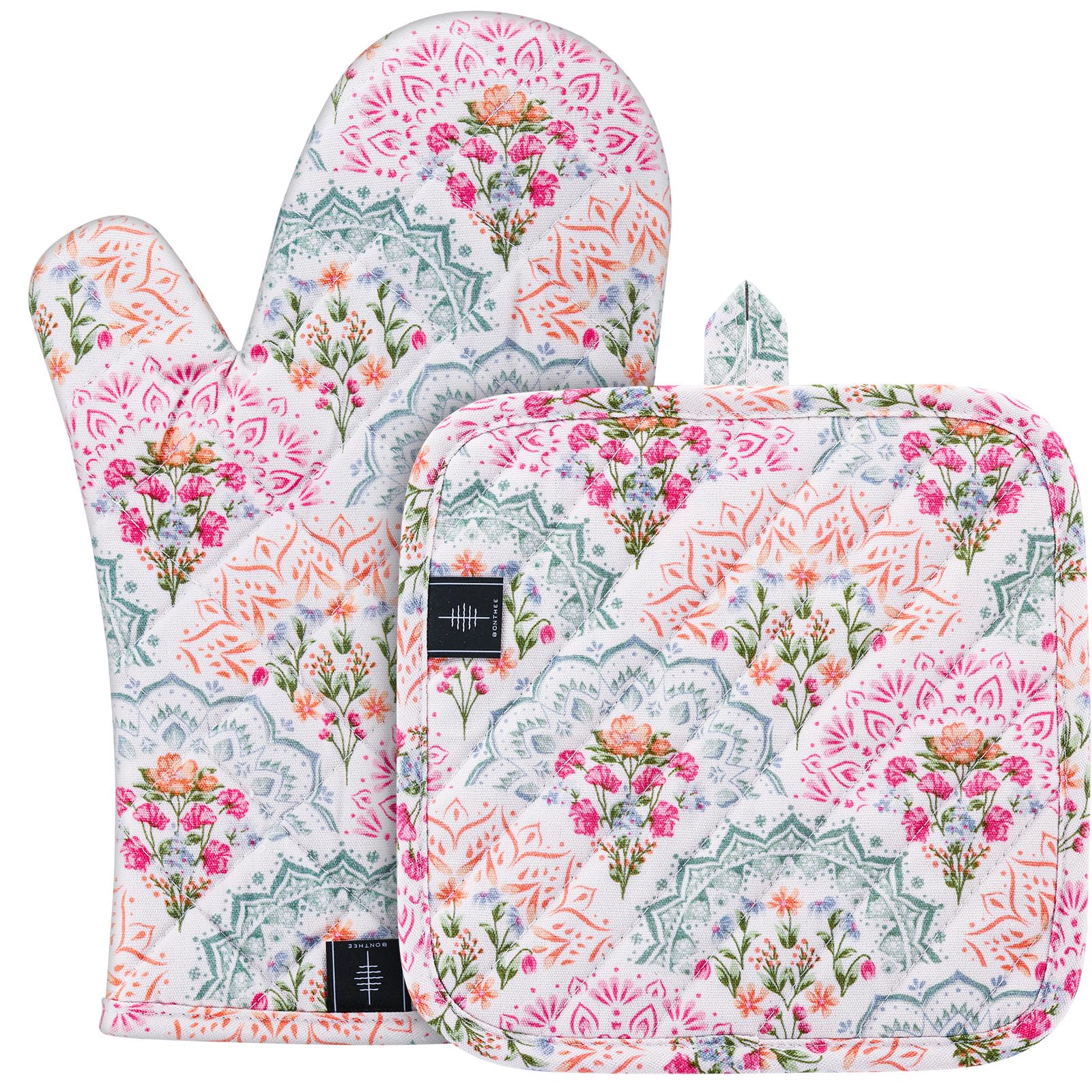 BONTHEE Ofenhandschuhe, hitzebeständiges Topflappen-Set, Ofenhandschuhe mit rutschfesten Streifen, zum Kochen und Backen – 2 Stück