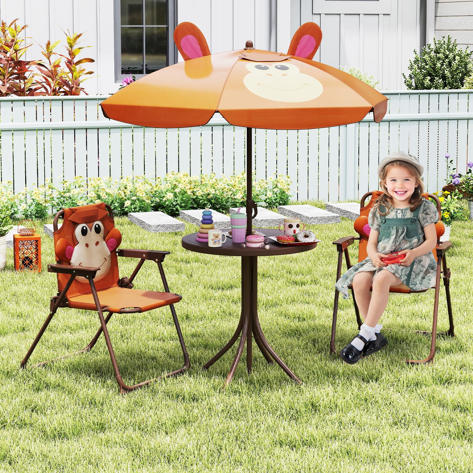 child patio table with umbrella HONEY JOY Kids Picnic Table, 4 Person Toddler Outdoor and Chair Set, Built-in Benches, Removable Umbrella, Metal Frame & HDPE Top, Children Outdoor Furniture for Backyard Garden (Pink) bone umbrella features 3 adjustable heights to provide shade from the sun during the hot days JOYMOR Kids Picnic Table Set