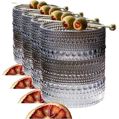 Kate Aspen Hobnail Beaded Drinking Glasses Vintage Glassware Set Cocktail Glass Set, Juice Glass, Water Cups Makes A Great Hostess Gift, Gift for Newlyweds (Smoke Grey) (Pack of 4)