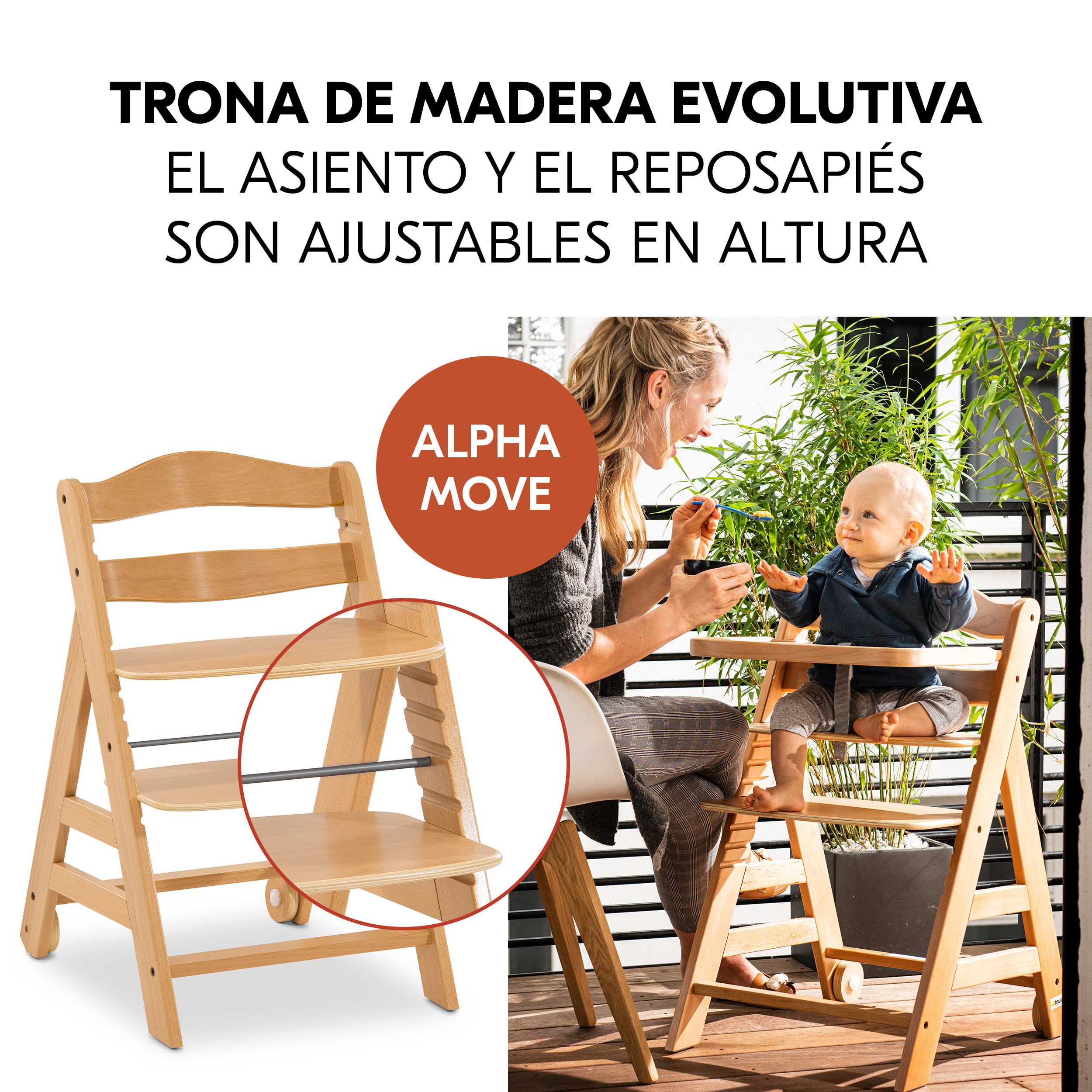 hauck Alpha Plus Move Set de Tronas de Bebe de Madera con Bandeja - Cojín y 2 Platos de Silicona - Silla Evolutiva con Ruedas - Natur/Leaves Mint