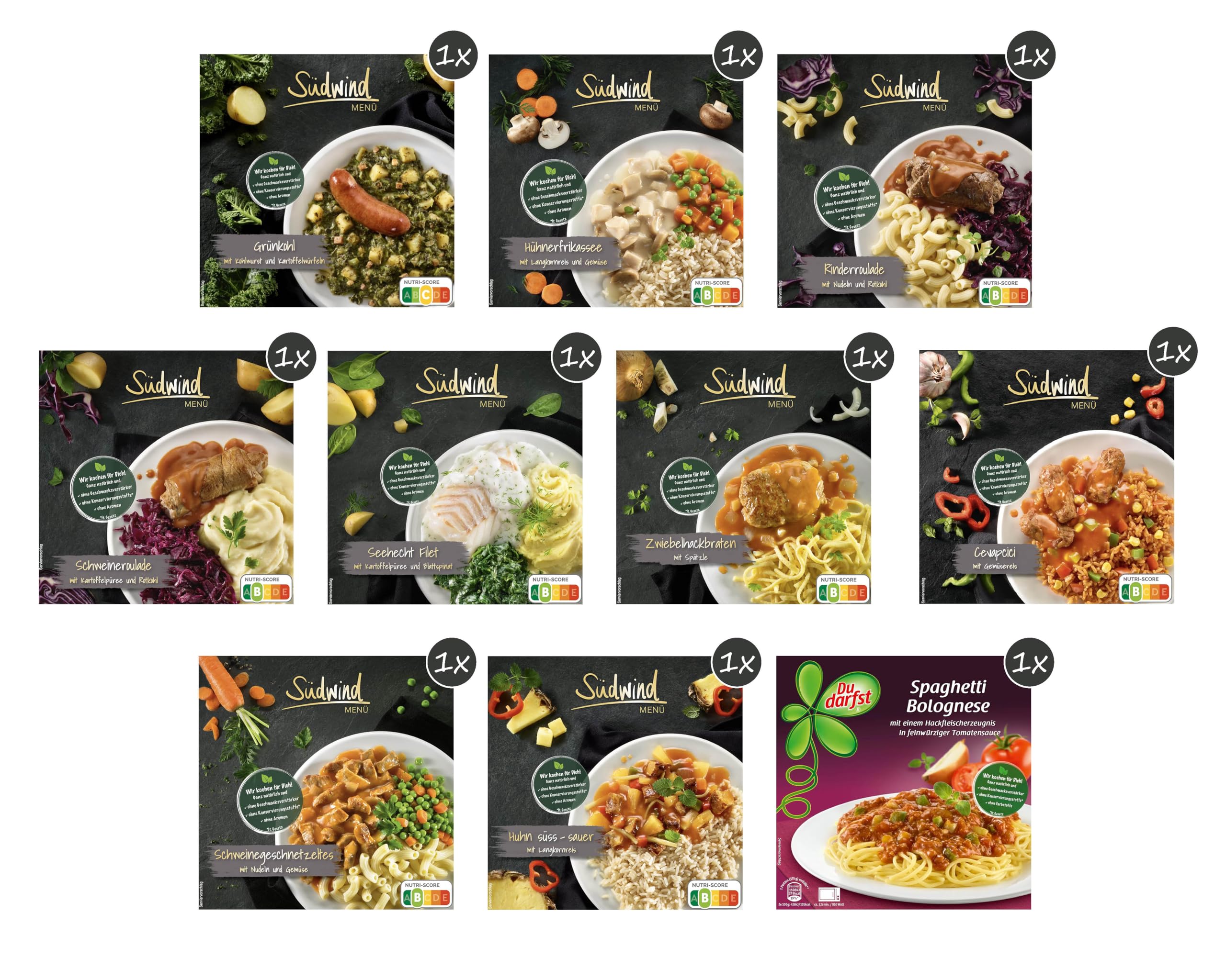 Probierpaket für den Lebensmittelvorrat - zehn verschiedene Fertiggerichte für die Mikrowelle/Wasserbad - Südwind Lebensmittel