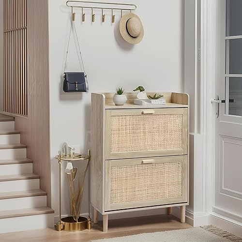 Miniatura 7 de Finnhomy Zapatero de edición extendida con cajones abatibles de ratán natural para entrada, organizador de zapatos delgado de 2 niveles con tablero