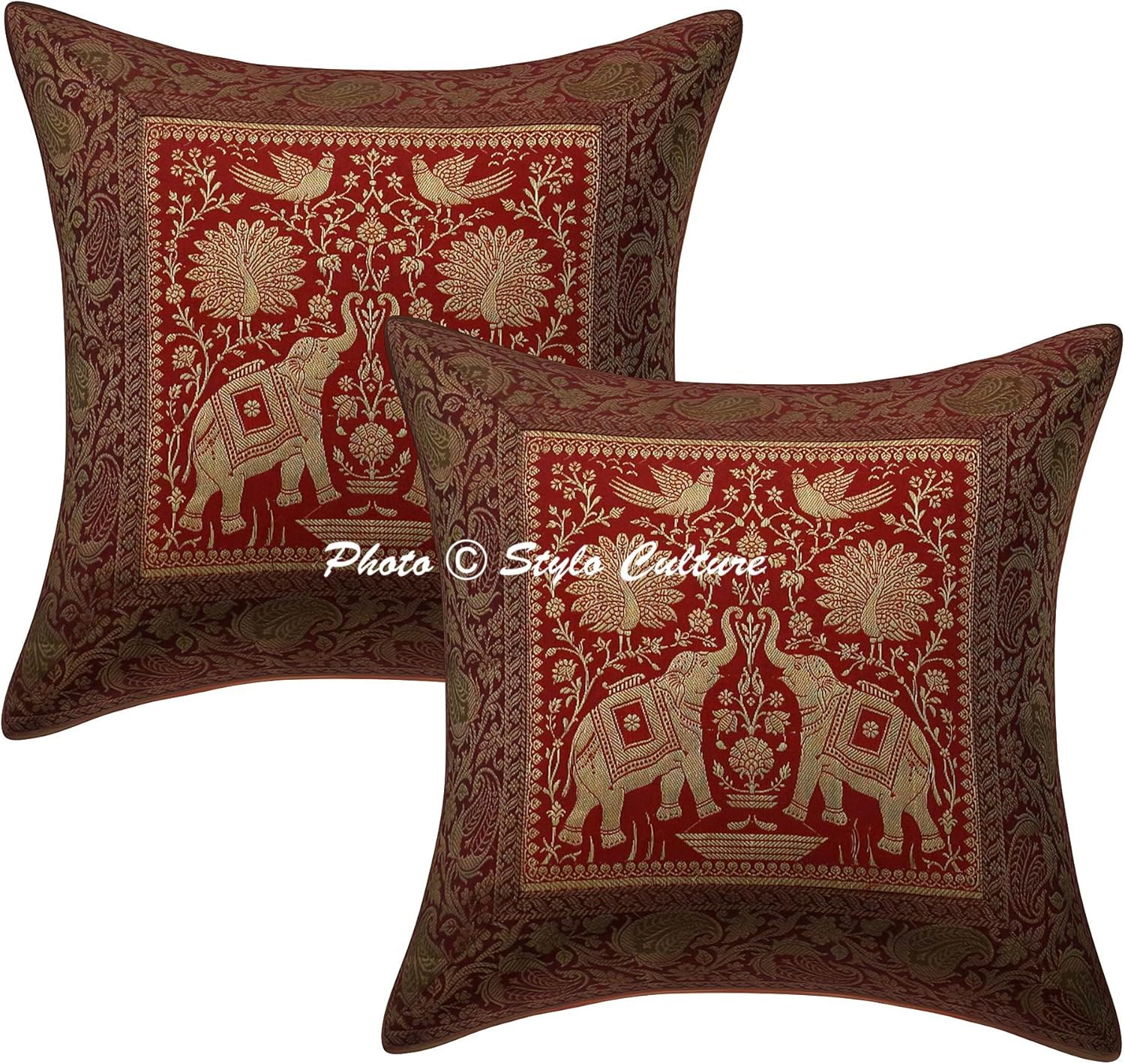 Indian Elephant Sofa Couch Accent Throw Pillow Covers 40x40 cm Brocade Living Room Rust Decorative Jacquard Square Luxury Zippered Ethnic 16x16 Inch Cushion Covers - 5 Pcs