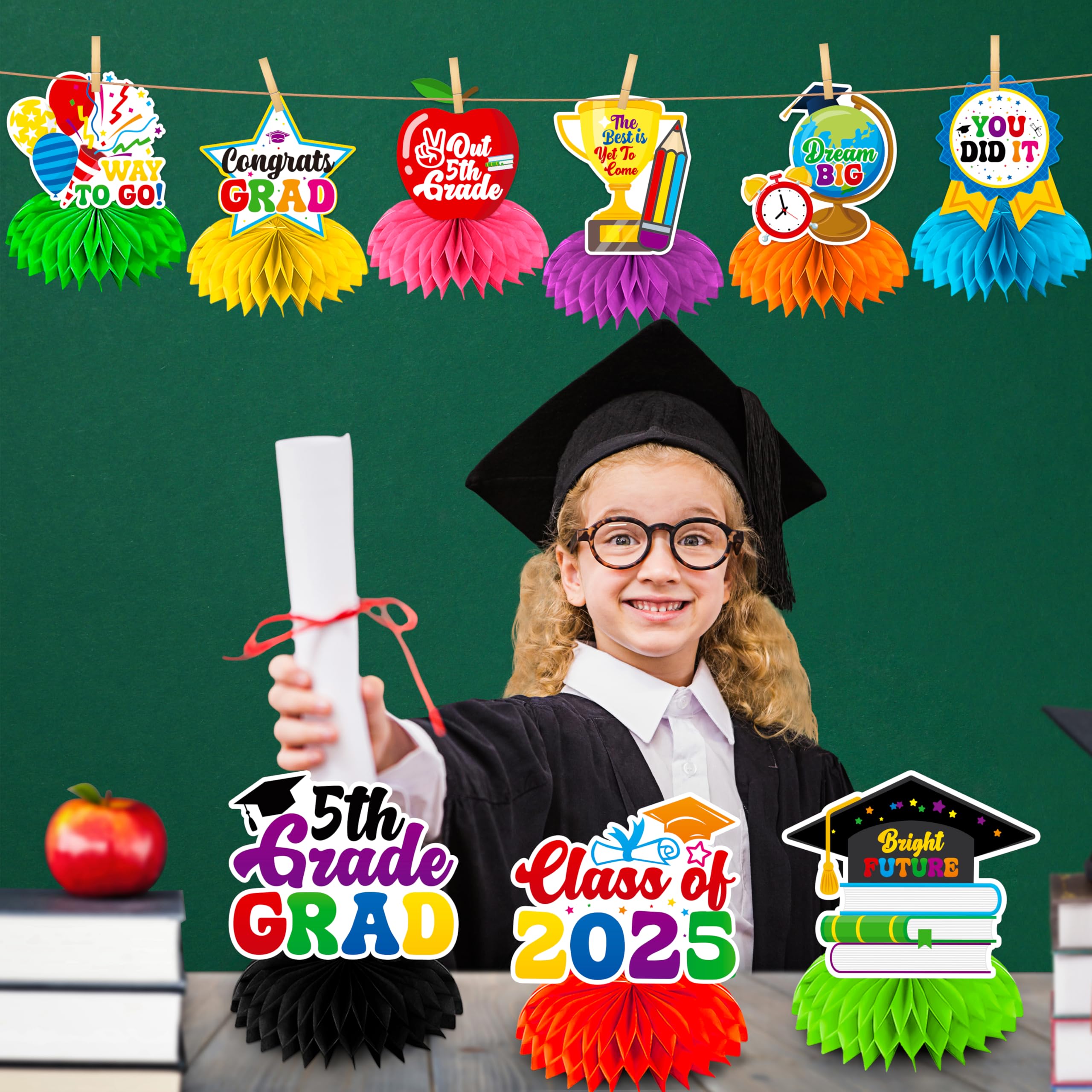 9Pc 5th Grade Graduation Decorations Honeycomb Centerpieces, 3D Double Side Fifth Grade Graduation Decorations for Table, Elementary School Graduation Decorations for Party Office Classroom