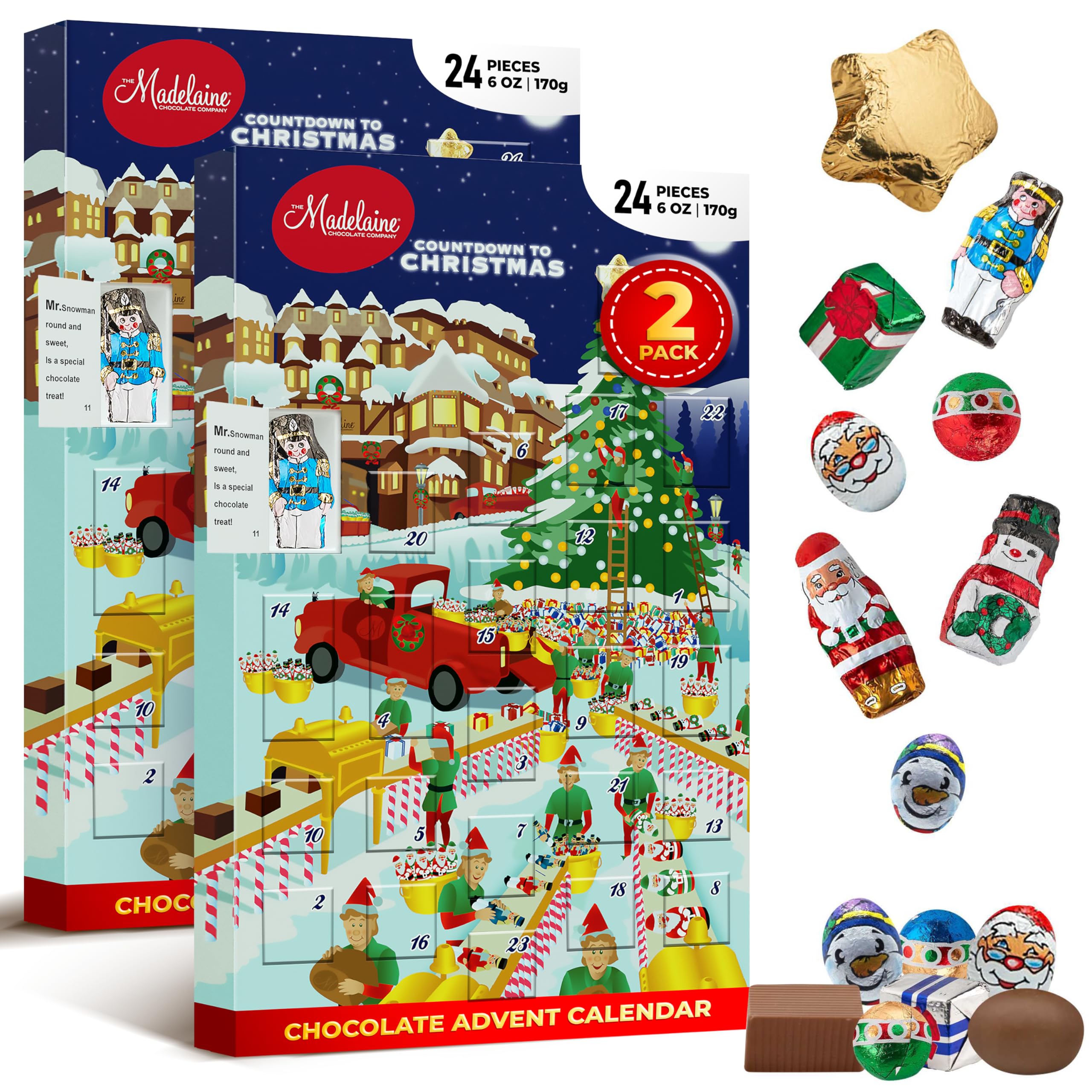 Madelaine Santa's Workshop Christmas Countdown Advent Calendar - 2025 Premium 6 oz Solid Milk Chocolate with 24 Chocolates 2 packs | Holiday Gift | The Madelaine Chocolate Company