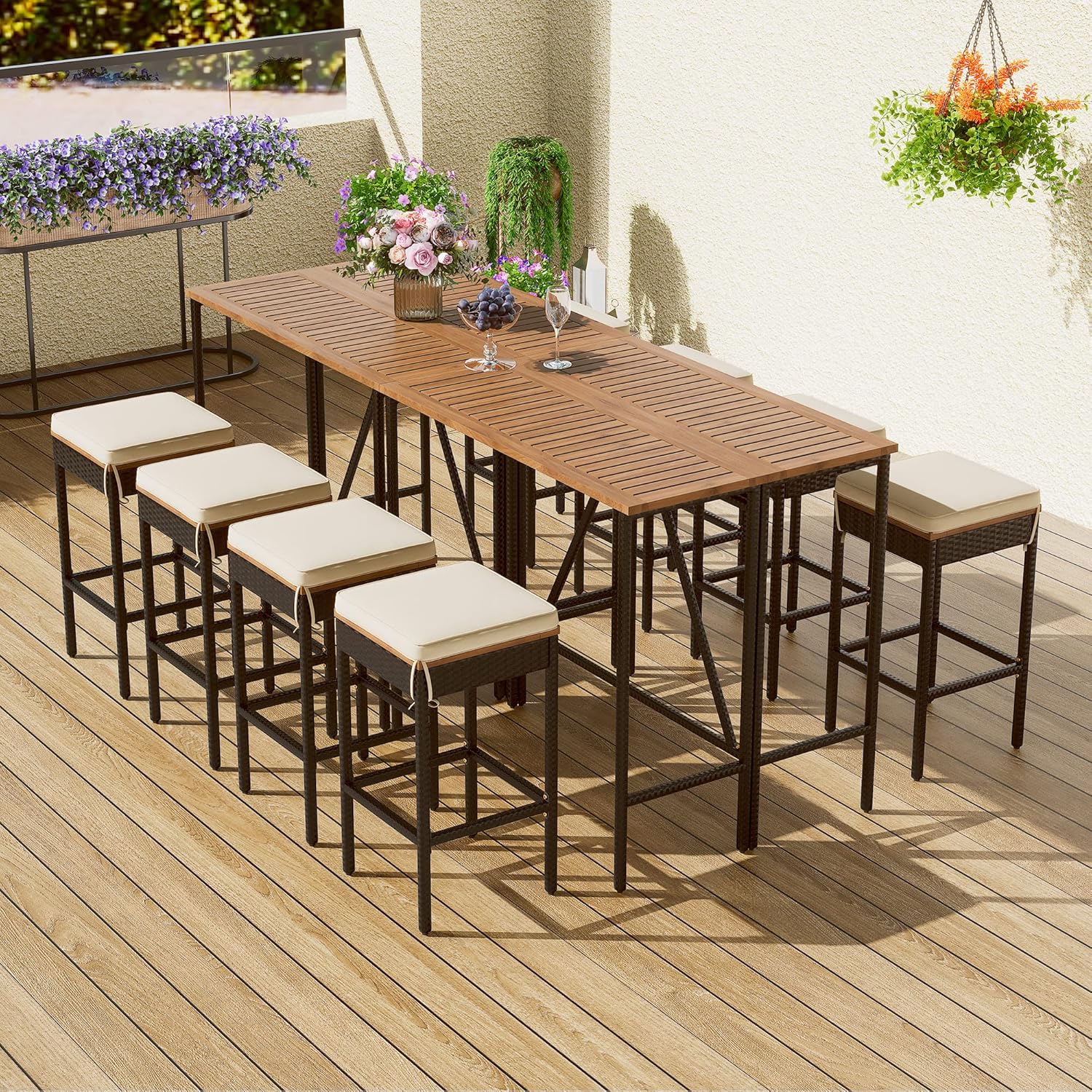 10 Piece Brown Outdoor Patio Dining Set, Folding Acacia Wood and PE Rattan Bar Table with 8 Stools, Waterproof Cushions, All-Weather High-Dining Bistro Furniture