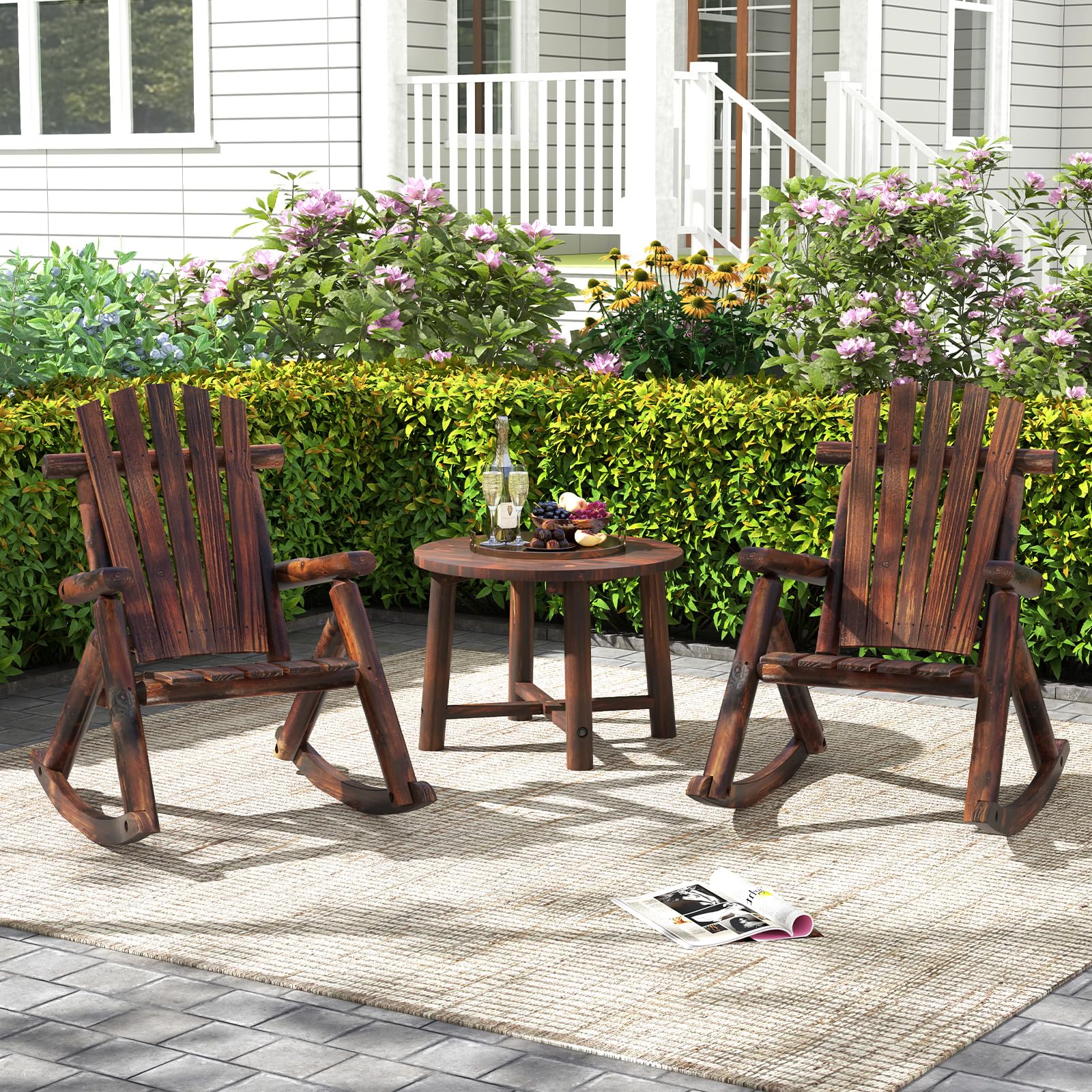 COSTWAY Silla Mecedora Adirondack para Adultos, Mecedora Madera Maciza con Respaldo Alto y Asiento de Listones, Sillon Jardin Balcón Terraza Exterior, 91 x 69 x 97 cm, Carga 150kg