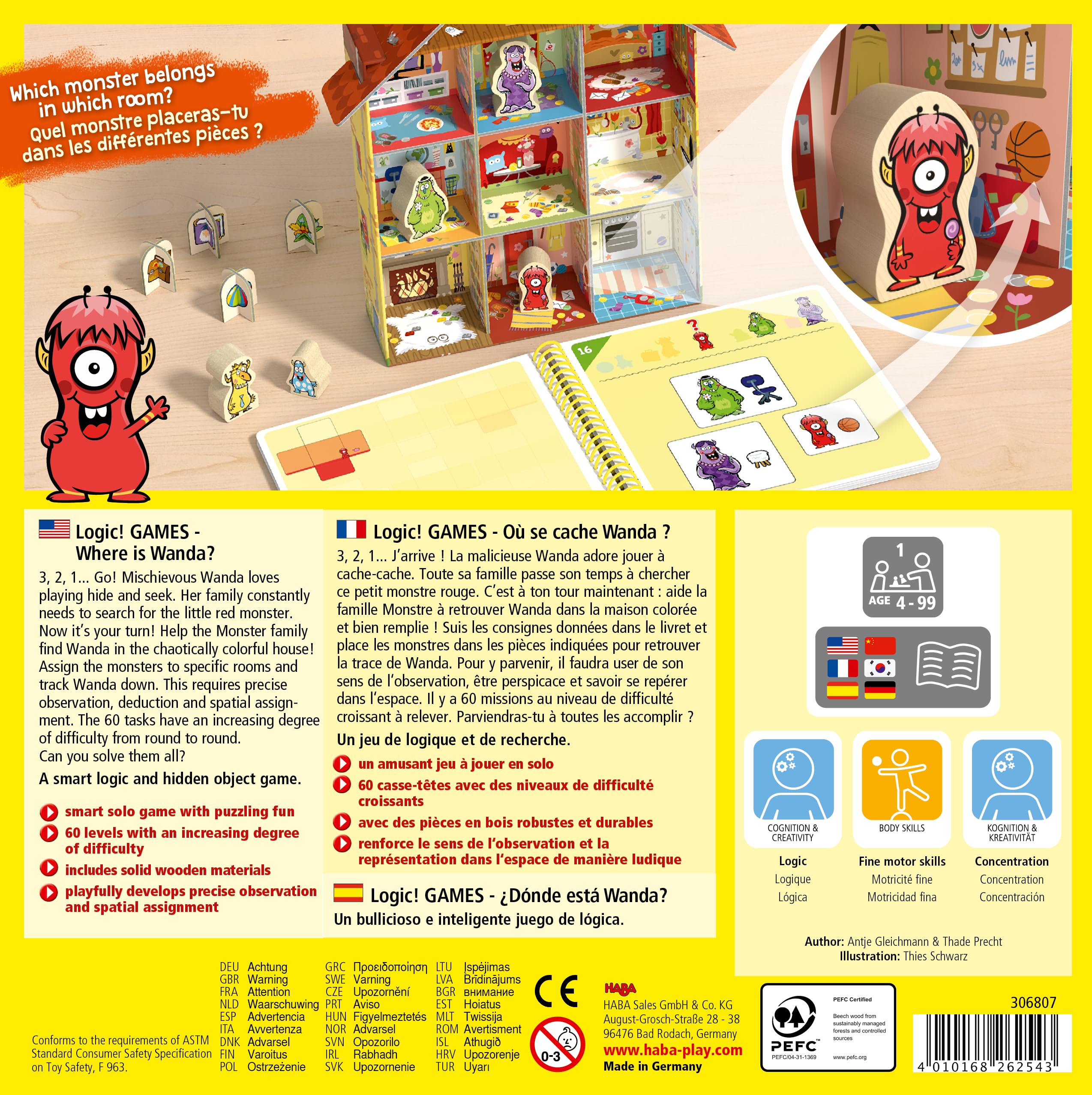 HABA Logic! Games - Où est Wanda ? - Jeu de Puzzle pour Enfants à partir de 4 Ans - 60 tâches & Maison Monstre 3D - Favorise la Logique & la Concentration, Jeu de Crochetage Solo - 1306806002