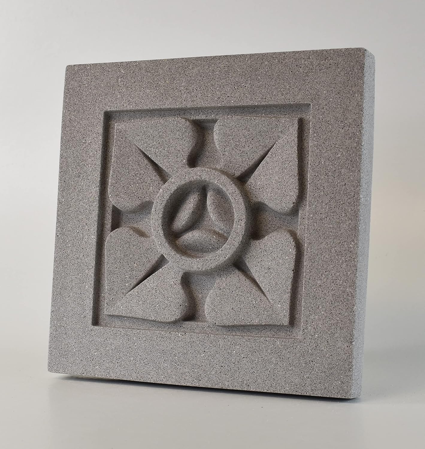 Sculpted Architectural Bas Relief 3D Tile Plaque Ornament, Solid Cast Stone, Ballflower Design, 9.5"x9.5" for Wall Hanging or Tabletop Display (Grey with Support Leg)