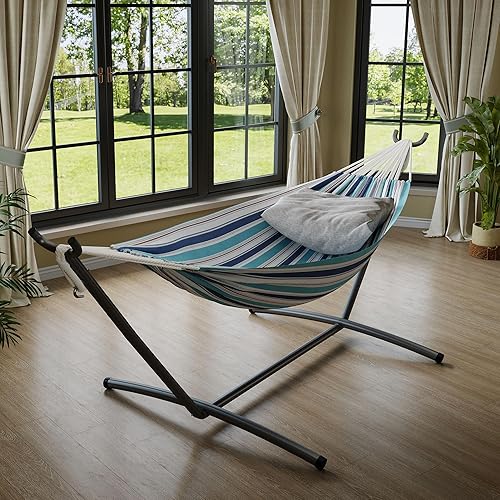 Miniatura 3 de GarveeLife Hamaca doble para 2 personas, hamaca de pie para interiores y exteriores con soporte de acero que ahorra espacio, bolsa de transporte,