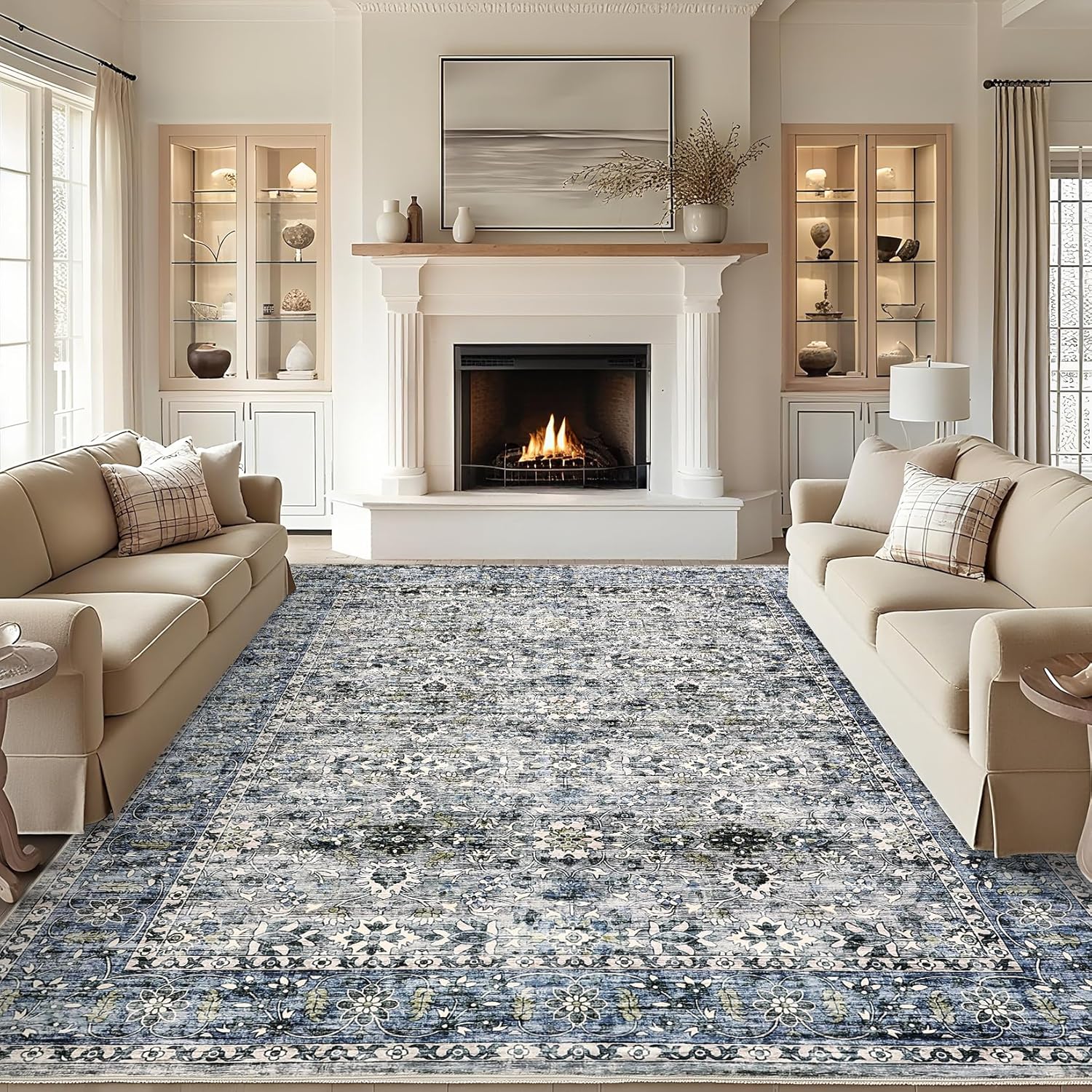 Vintage 8?10 Area Rug, Non Slip Backing Washable Stain Resistant Super Soft Distressed Persian Rug, Ideal for High Traffic Areas in Bedroom, Living Room, Dining Room, Grey 8' x 10' (Rectangular) Grey