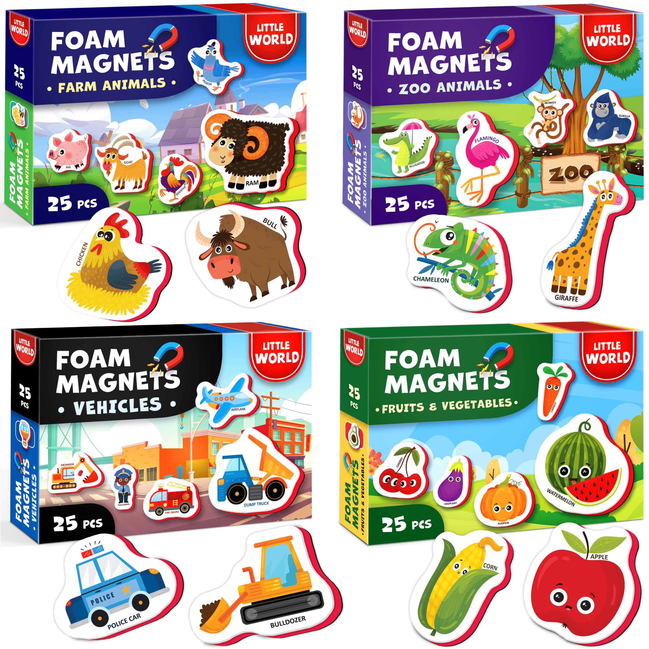 Little World Large Set of 100 Fridge Magnets for Kids 1-3 years – Safe, Durable, Waterproof, Foam Magnets for Toddlers with Colorful Gift Box, Non-Toxic Animal Magnets for Children and Babies