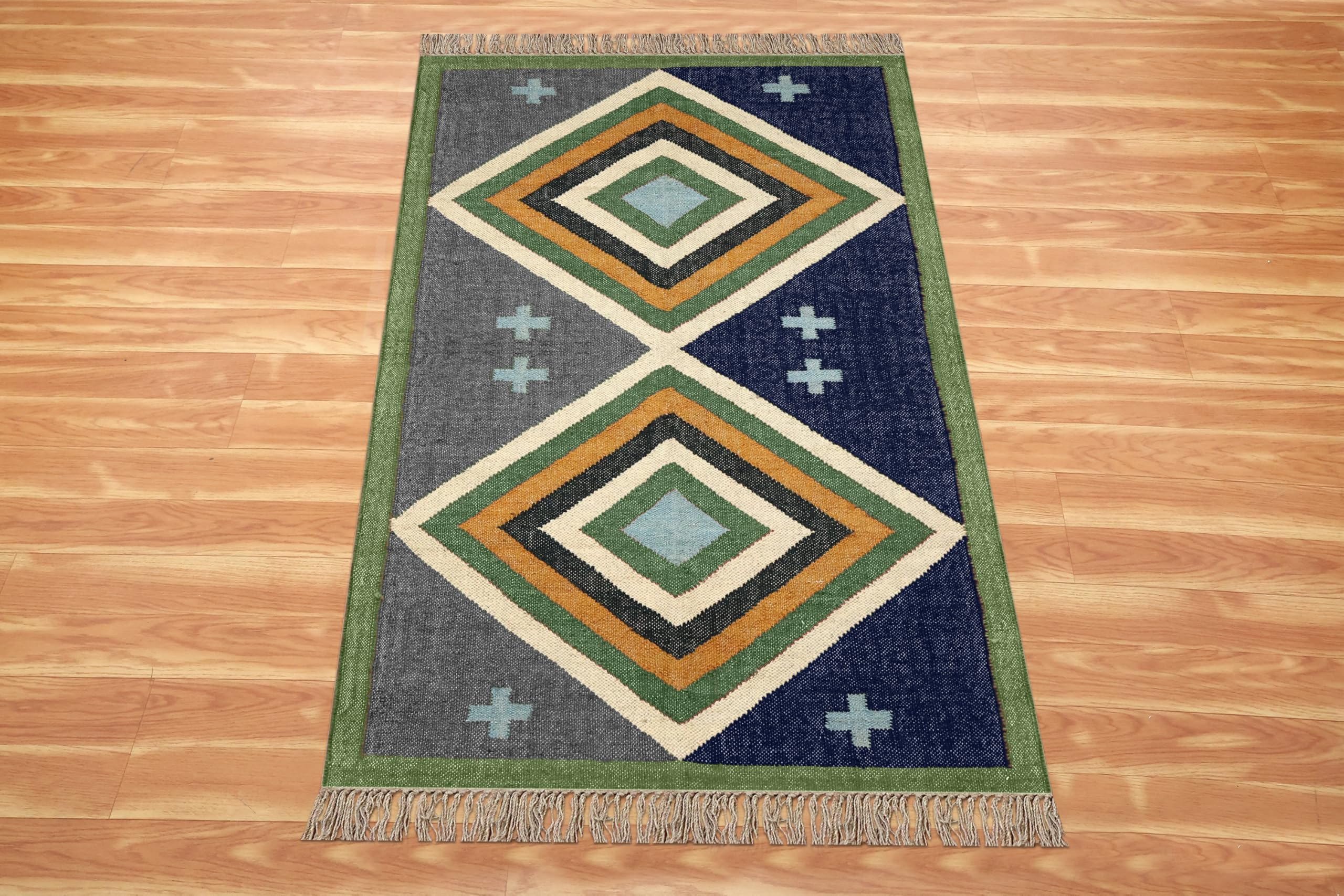 Tappeto quadrato reversibile per 1,5 m, reversibile, in lana, iuta, design geometrico, verde e blu, tappeto intrecciato a mano, spessore 0,5 cm, tappeto per interni ed esterni, per corridoio, sala da