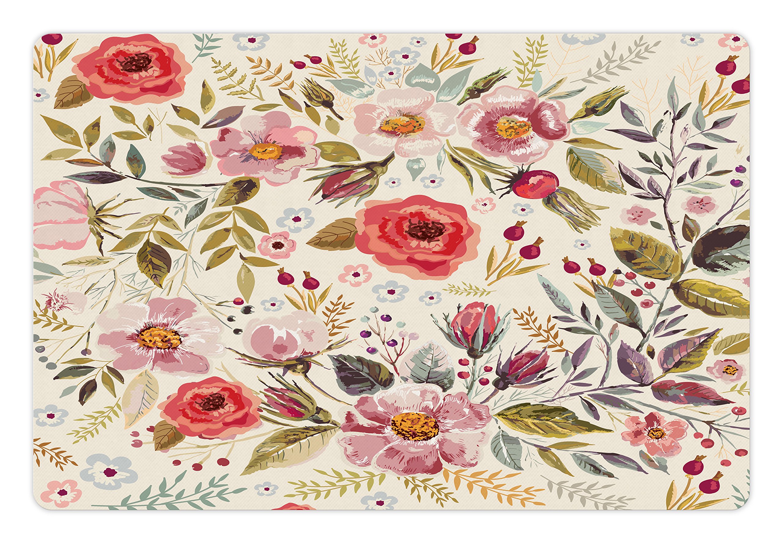 Ambesonne Shabby Flora Pet Mat for Food and Water, Watercolor Abstract Spring Poppies Flowers Roses Buds Leaves Romantic Print, Non-Slip Rubber Mat for Dogs and Cats, 18" X 12", Cream Pink