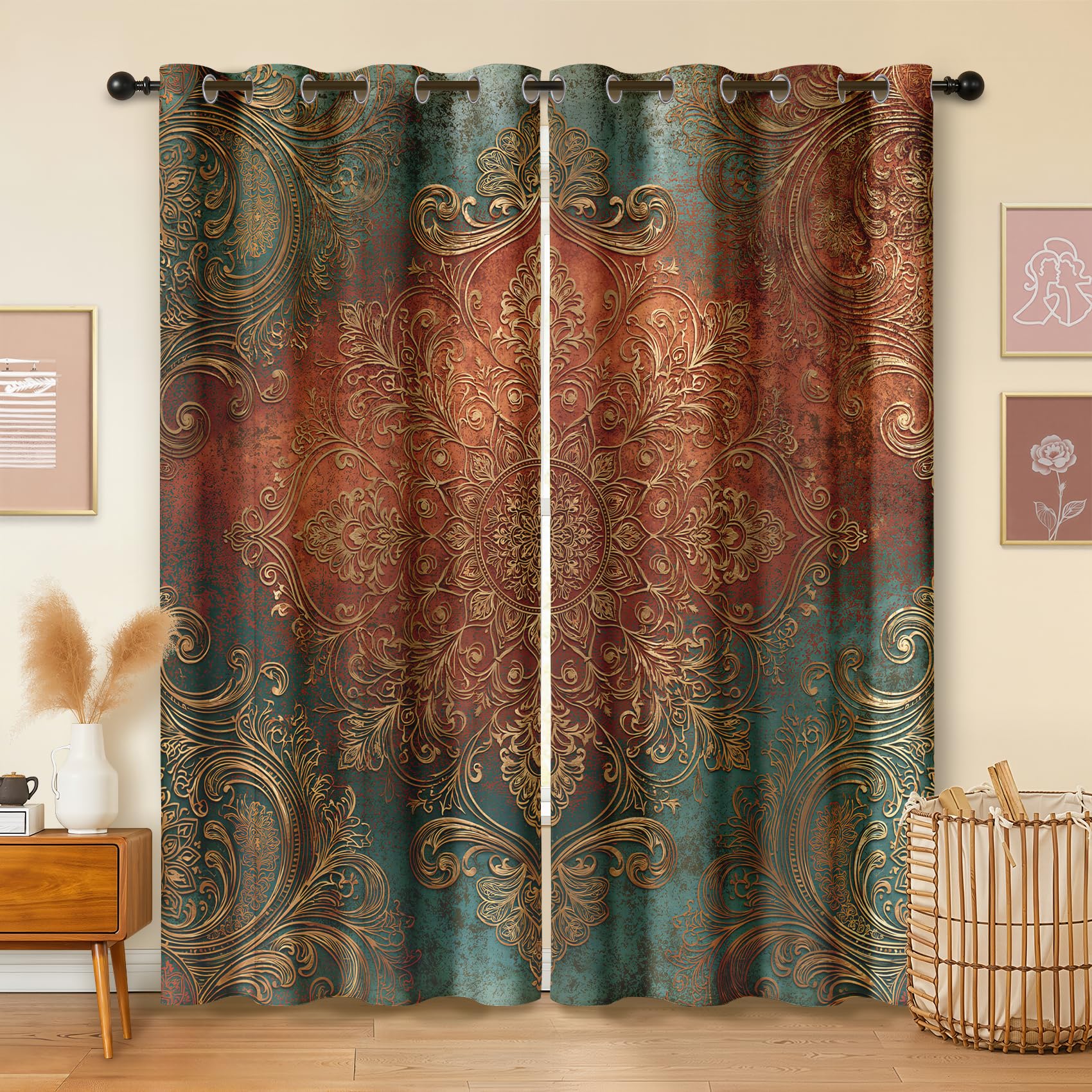 Havenix Vintage Teal and Rust Mandala Blackout Curtains for Bedroom Living Room, Shabby Chic Boho Medallion Patterned Curtains 90x108, Thermal Insulated Eyelet Drapes for Windows, 2 Panels