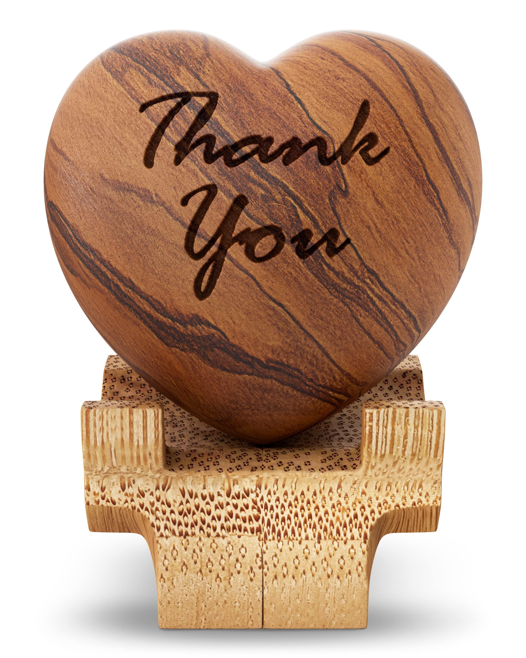 Thank You Gifts for Women or Men - Engraved Olive Wood Heart with Bamboo Stand - Appreciation Gifts for Coworkers, Employees, Caregiver, Doctor, Nurse, Teacher, Therapist, Mentor, Hostess, Friends