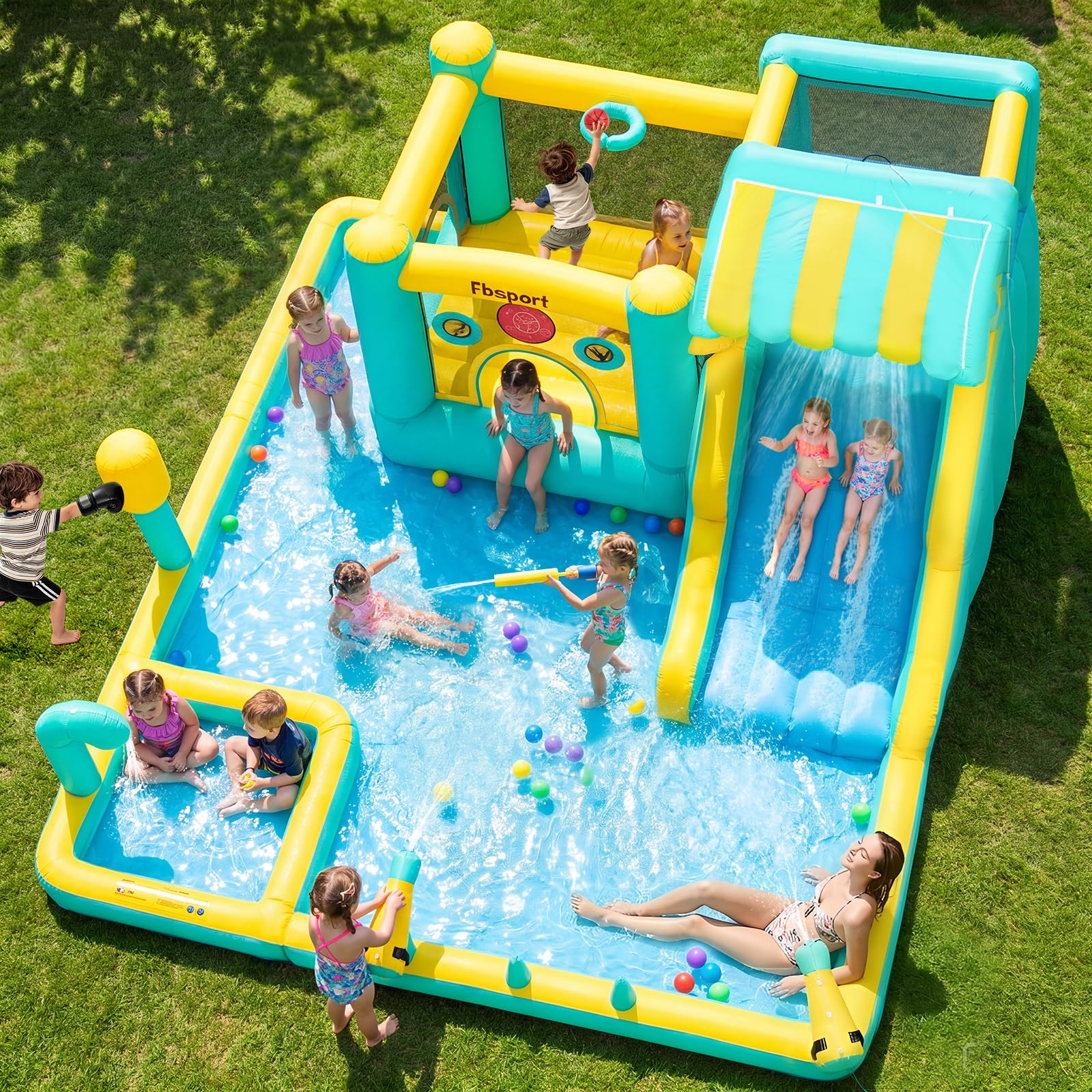Photo 1 of ***UPDATED 7/4^** FBSPORT Inflatable Bounce House Water Slide, Widen Water Slide Park 10-in-1 Bounce House with 480W Blower, Jumping, Climbing, Splash Pool, Bouncy Castle for Kids 3-10 Backyard Party Outdoor Indoor