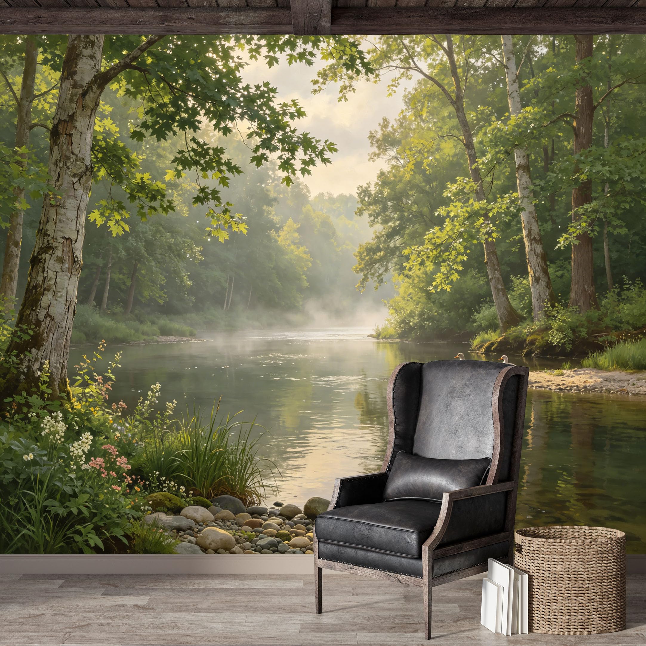 Custom Size Wall Mural,Serene River Landscape Morning Mist Oil Painting Premium Water Activated SelfAdhesive Wallpaper,Removable Wall Covering,Easy DIY Install Wall Art for Indoor Home Decor
