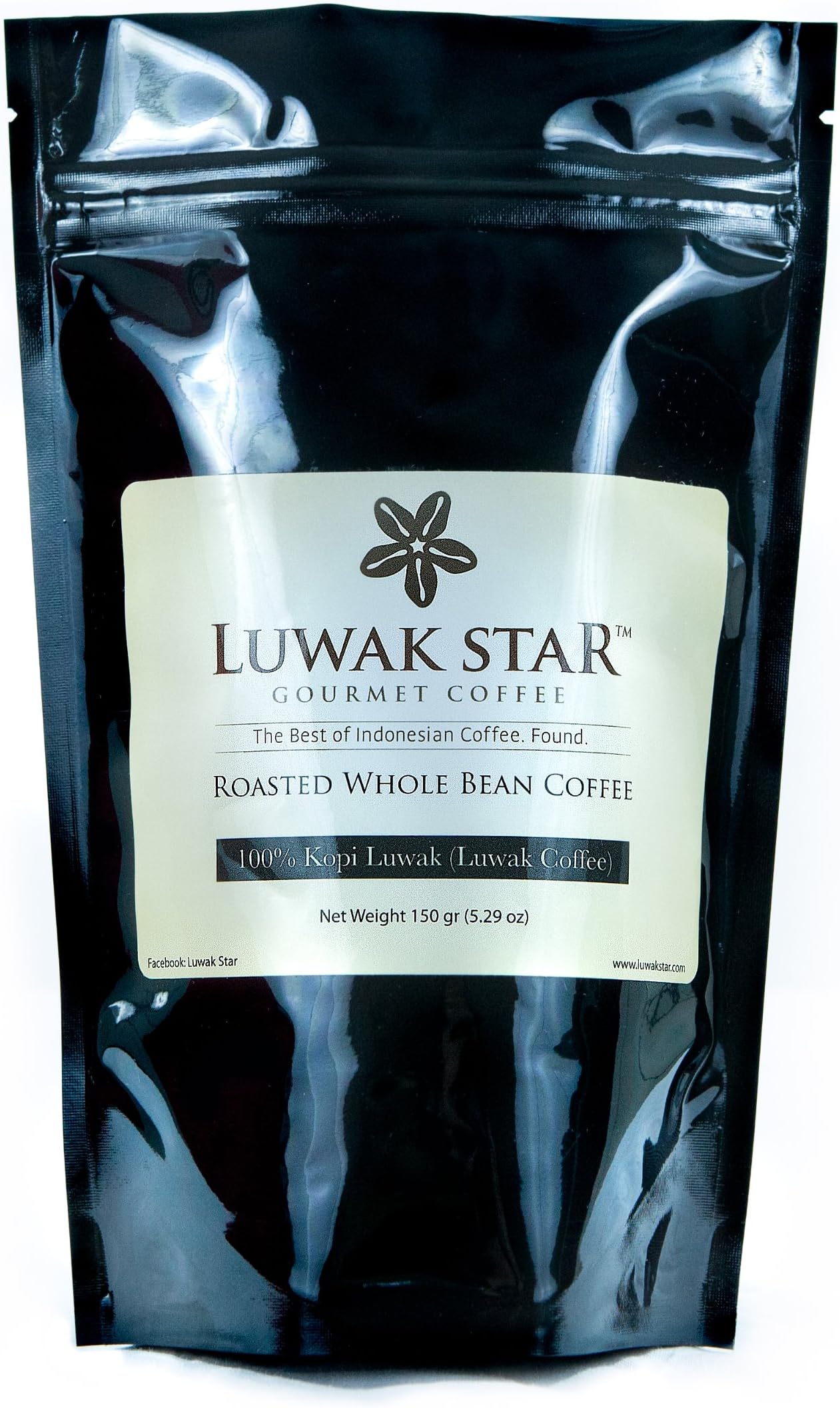 Luwak Star Gourmet Coffee, 100% Arabica Sumatra Gayo Luwak Coffee from Indonesia (or Kopi Luwak) Whole Beans, Medium Roast, 150 Gram (0.33 Lb) Bag, Roasted in the U.S.
