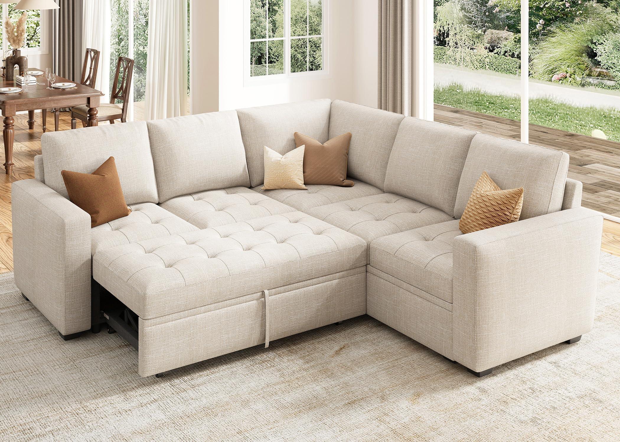 Modular Sectional Sleeper Sofa with Pull Out Bed L Shaped Couch with Storage Seat Sectional Couches for Living Room,Beige