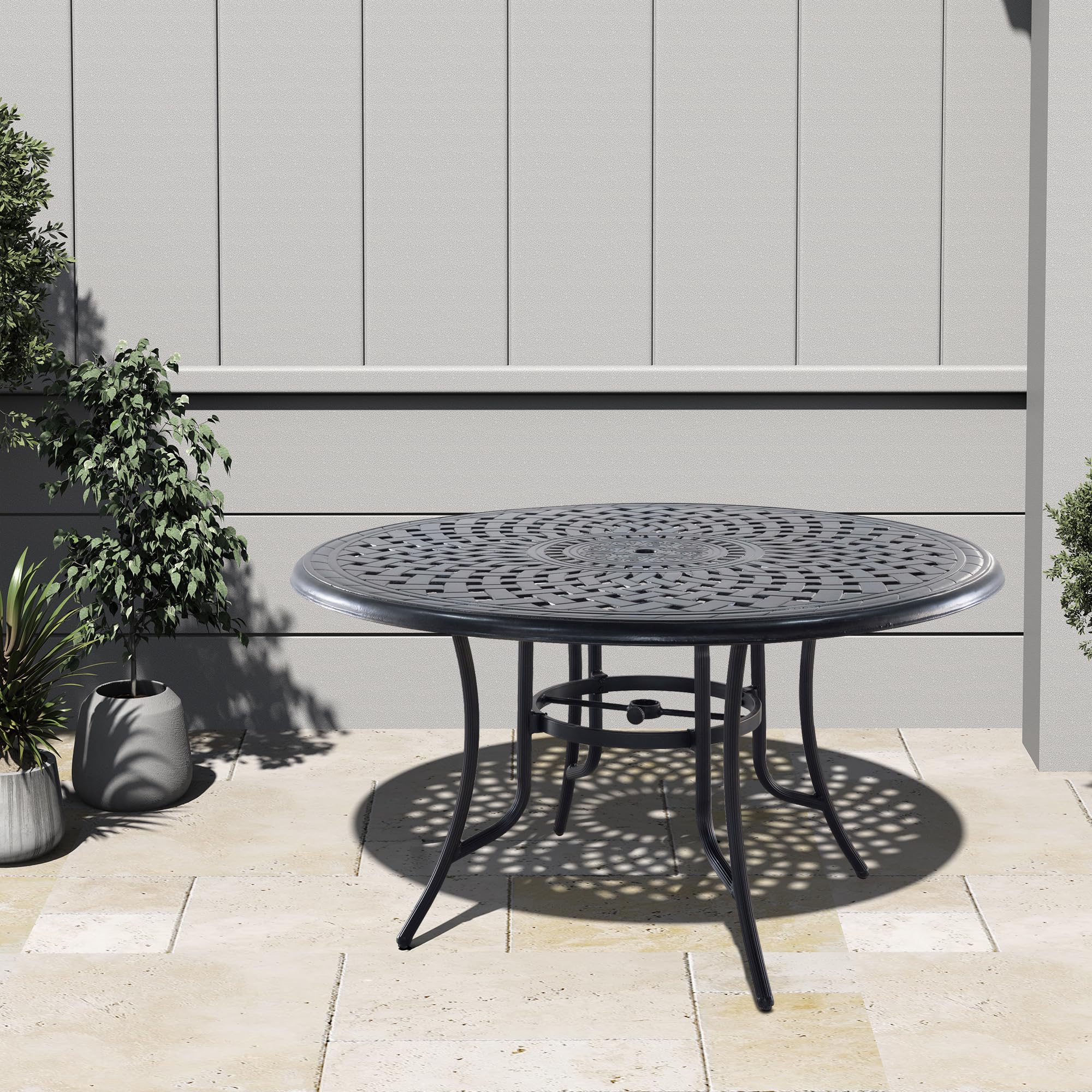 MONDAWE 51'' Cast Aluminum Outdoor Dining Table Round Patio Bistro Table with 1.8" Umbrella Hole 4~6 Person Patio Dining Table Furniture for Porch Backyard