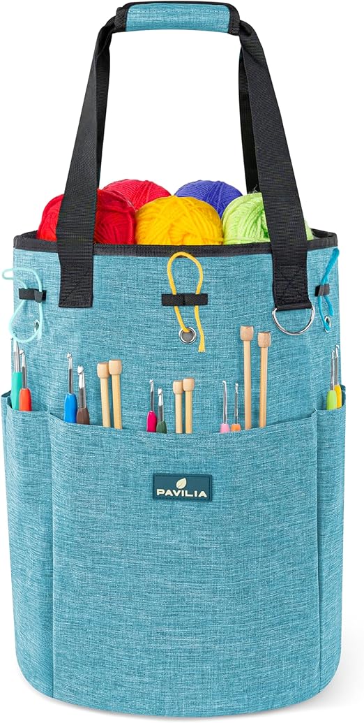 PAVILIA Crochet Bag Knitting Bag Organizer, Yarn Bag Storage Tote for Crocheting On The Go, Knitting Accessories Supplies Holder with Grommets, Gift for Crochet Lovers Knitters (Turquoise Blue)