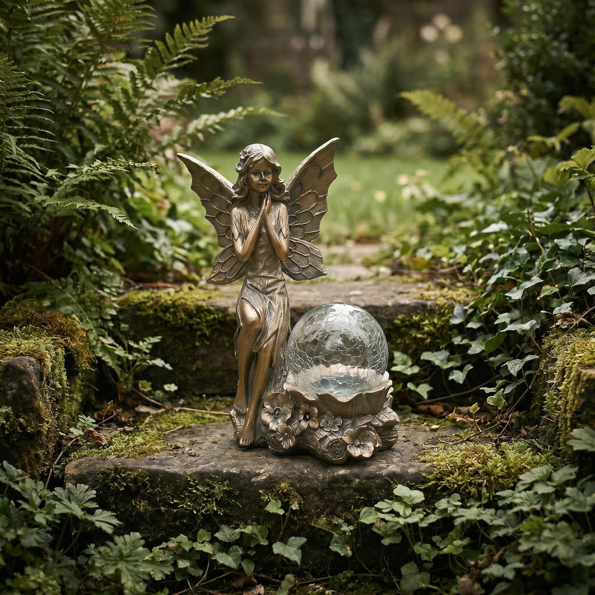Statue da giardino per esterni, statua a energia solare delle fate, a LED in vetro craquelé, luce solare da giardino, per esterni, prato, cortile, patio, decorazione da giardino, altezza