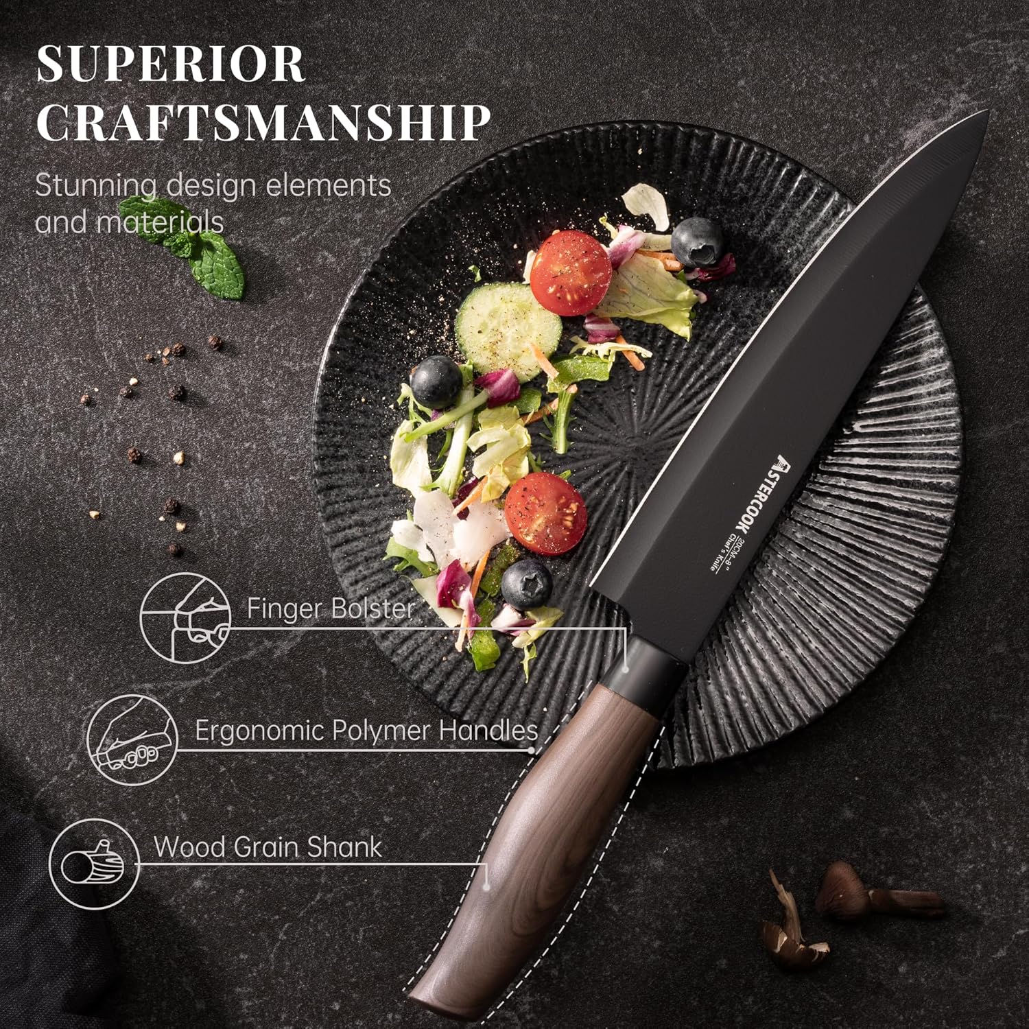 Astercook Knife Set, 6-Piece Kitchen Knife Set with Block, High Carbon Stainless Steel Ultra Sharp Kitchen Knives, Wood Grain Handle, Dishwasher Safe Knife Block Set, Black