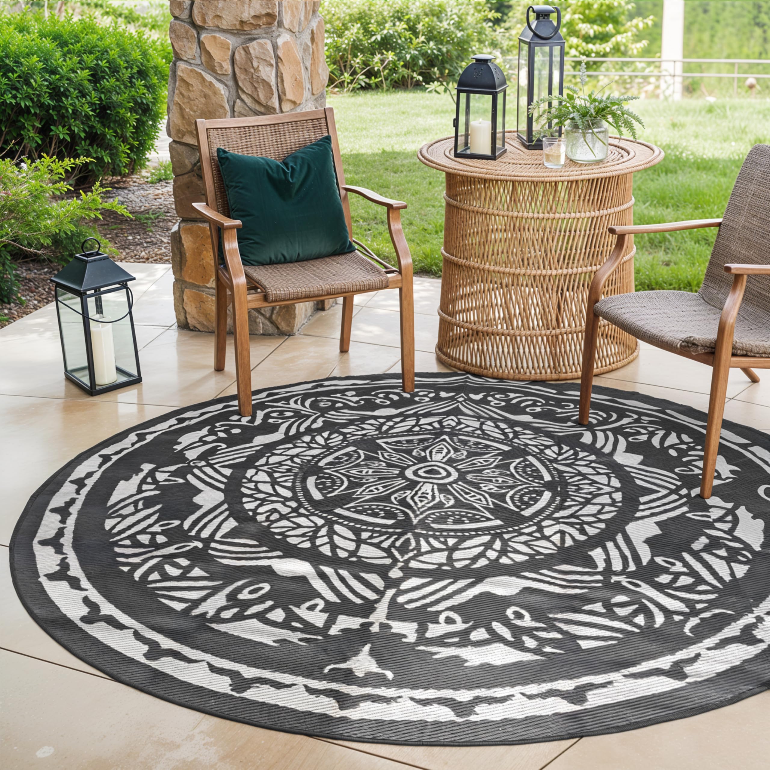 EVOCAMP Outdoor Teppich rund Ø 240 cm, Kunststoffteppich, wetterfest und leicht, Picknickdecke für den Outdoor-Bereich, Vorzeltteppich aus Kunststoff-Fasern, für Terrasse und Balkon (Grau-weiß)