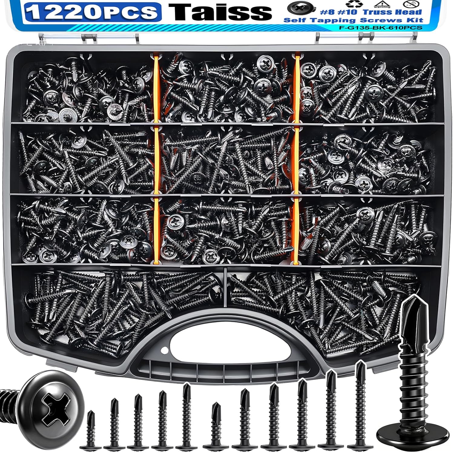 Taiss 1220PCS #8#10 Self Tapping Screws for Metal 410 Stainless Steel Self Drilling Screws (1/2'' to 2''),Black Zinc Plating Sheet Metal Screw for Metal with Washer
