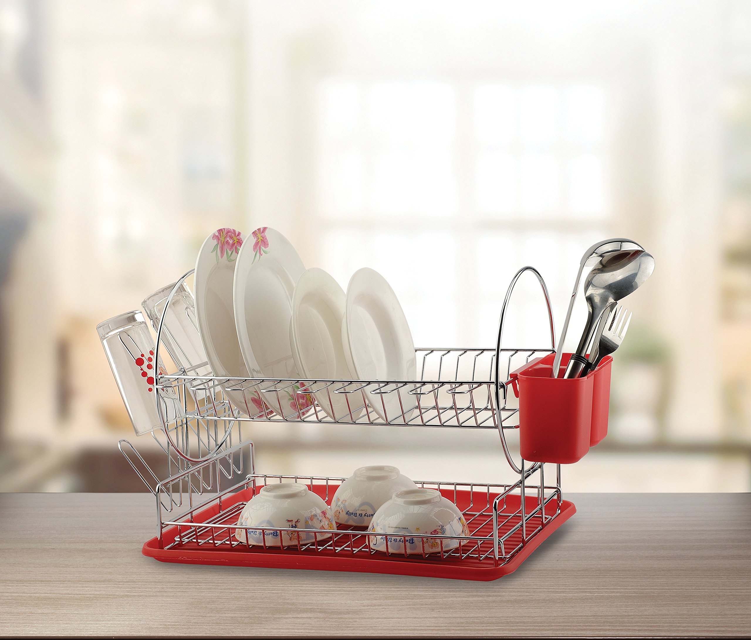 Modern Kitchen Deluxe Tier Chrome Finished Red Dish Drying