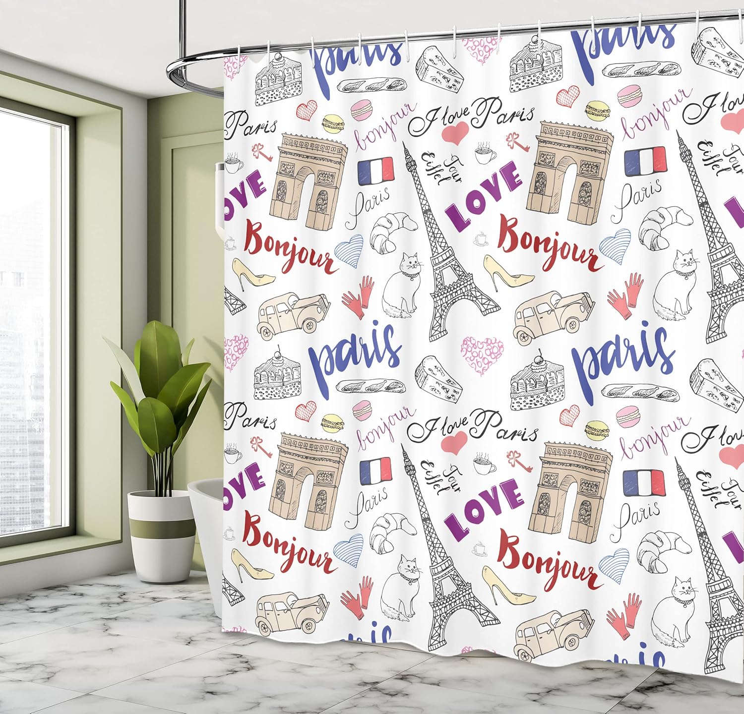 Ambesonne Eiffel Tower Shower Curtain, Classic Triumf Arch Fashion Shoes and Gloves Traditional Food Cheese Bread Keys Cat Cartoon, Cloth Fabric Bathroom Set with Hooks, 69" W x 70" L, Purple Blue