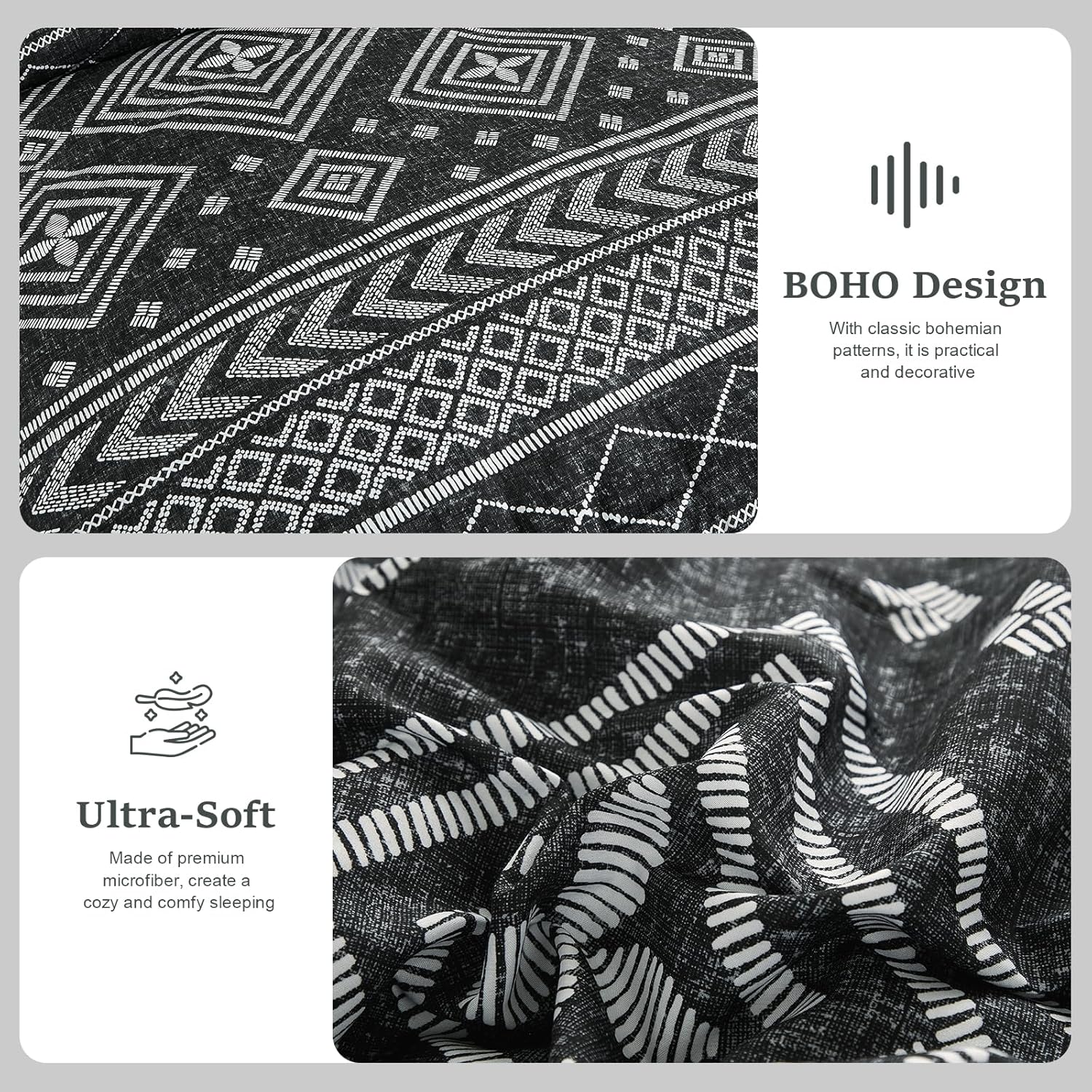 Yiran Queen Comforter Set, 7 Pieces Black Reversible Bedding Set, Boho Aztec Bed in A Bag, Lightweight Soft Bed Comforter Set with Sheets, Pillowcases & Shams - Image 5