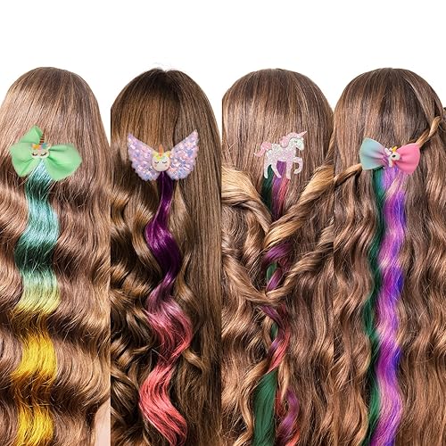 Miniatura 7 de Little World - Pinzas para el cabello para niñas, 6 extensiones de cabello rizado con clip con bonito lazo de unicornio, pinzas para el cabello de