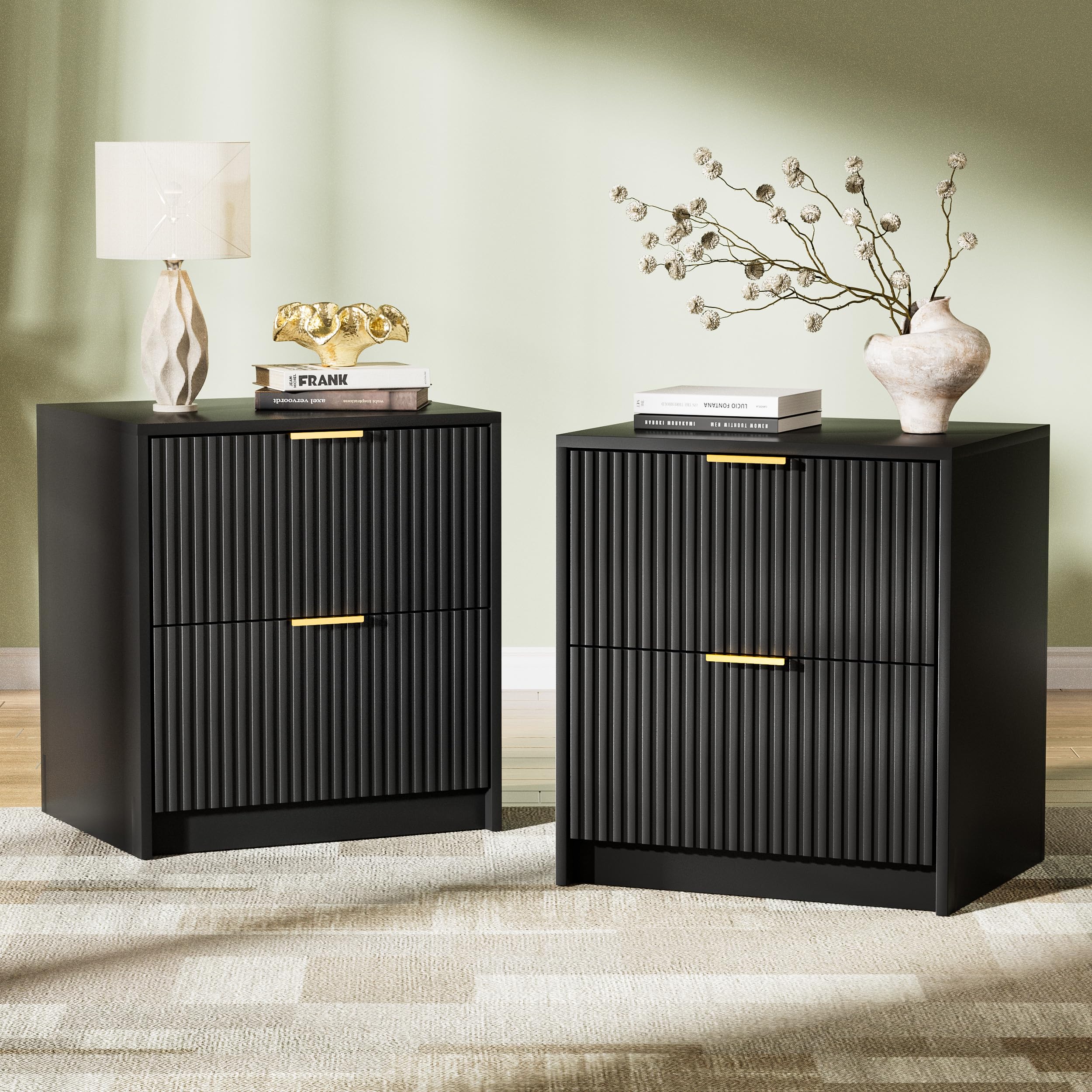 Nightstands Set of 2, Fluted Nightstand with Gold Metal Handles and 2 Drawers, Modern Bedside Table, 19.6" Wide Wood End Table for Bedroom, Black
