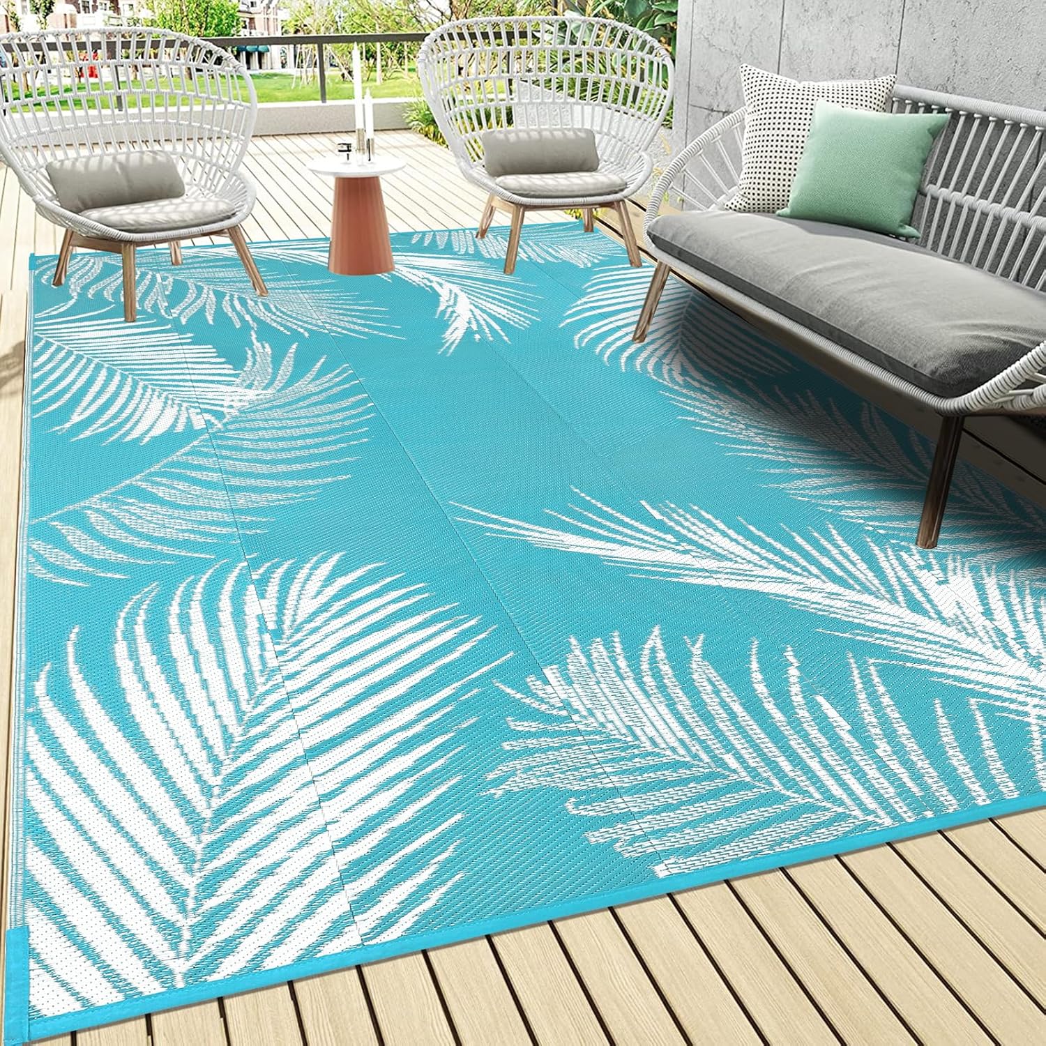 Pauwer Outdoor Rug Waterproof, 6'x9' Reversible Outdoor Plastic Straw Rug, Outdoor Patio Camping Rug RV Mat, Indoor Outdoor Area Rugs Carpet for Patio, RV, Picnic, Backyard, Deck, Balcony, Porch 6'x9' Leaf Teal