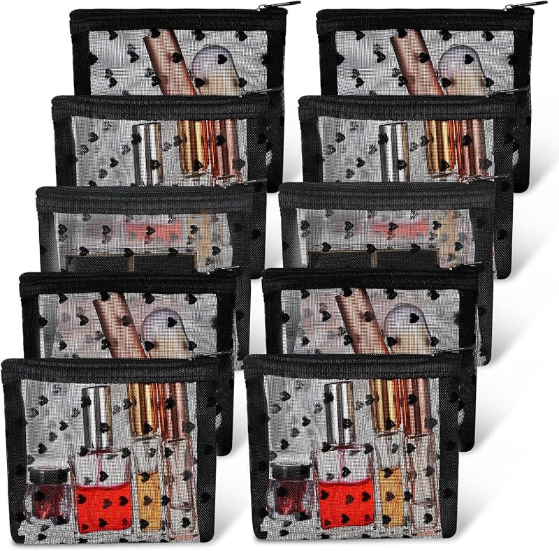 WJIAAA Kit com 10 necessaires de maquiagem em malha de nylon com estampa de coração, pretas